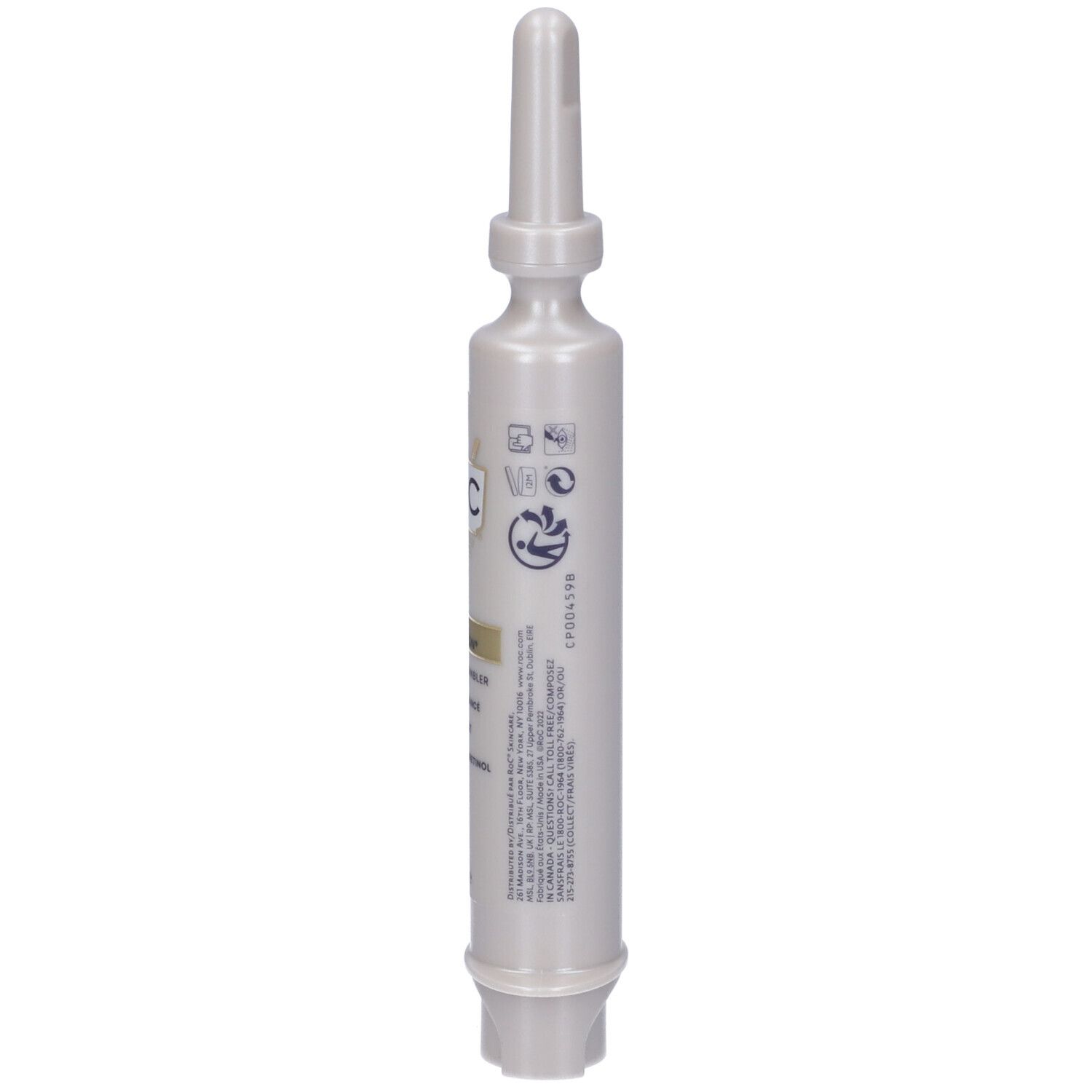 Flacone di siero RoC Derm Correxion. Retro. Testo e loghi. Grigio-bianco.