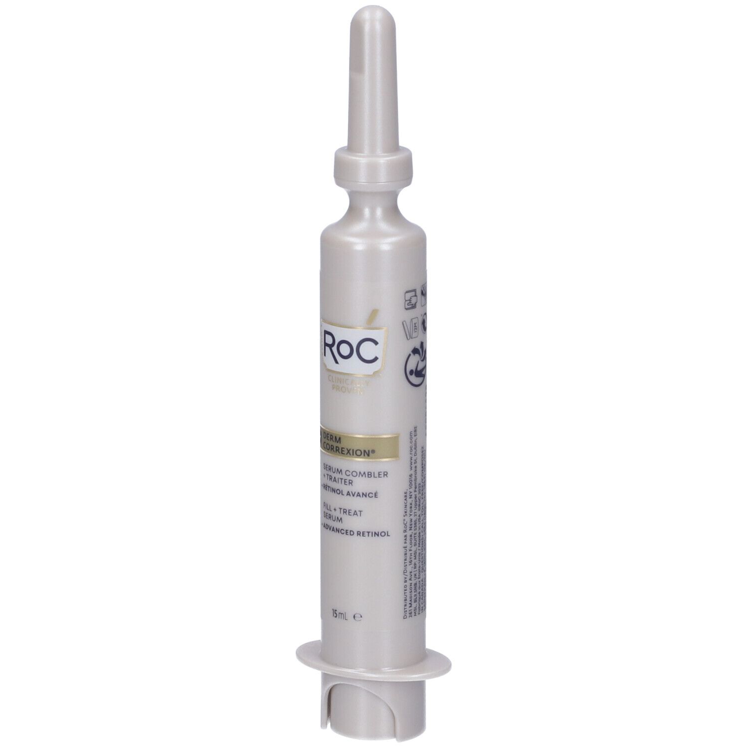 Flacone di siero RoC Derm Correxion. Fronte. Testo e loghi. Grigio-bianco.