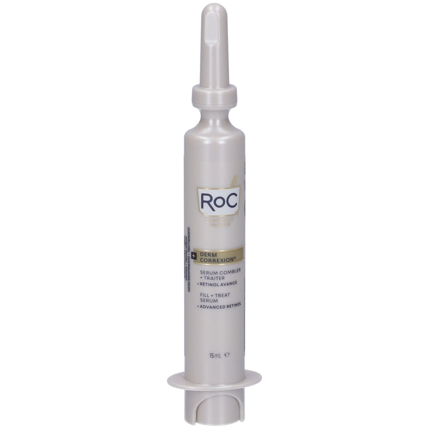 Flacone di siero RoC Derm Correxion. Fronte. Testo e loghi. Grigio-bianco.