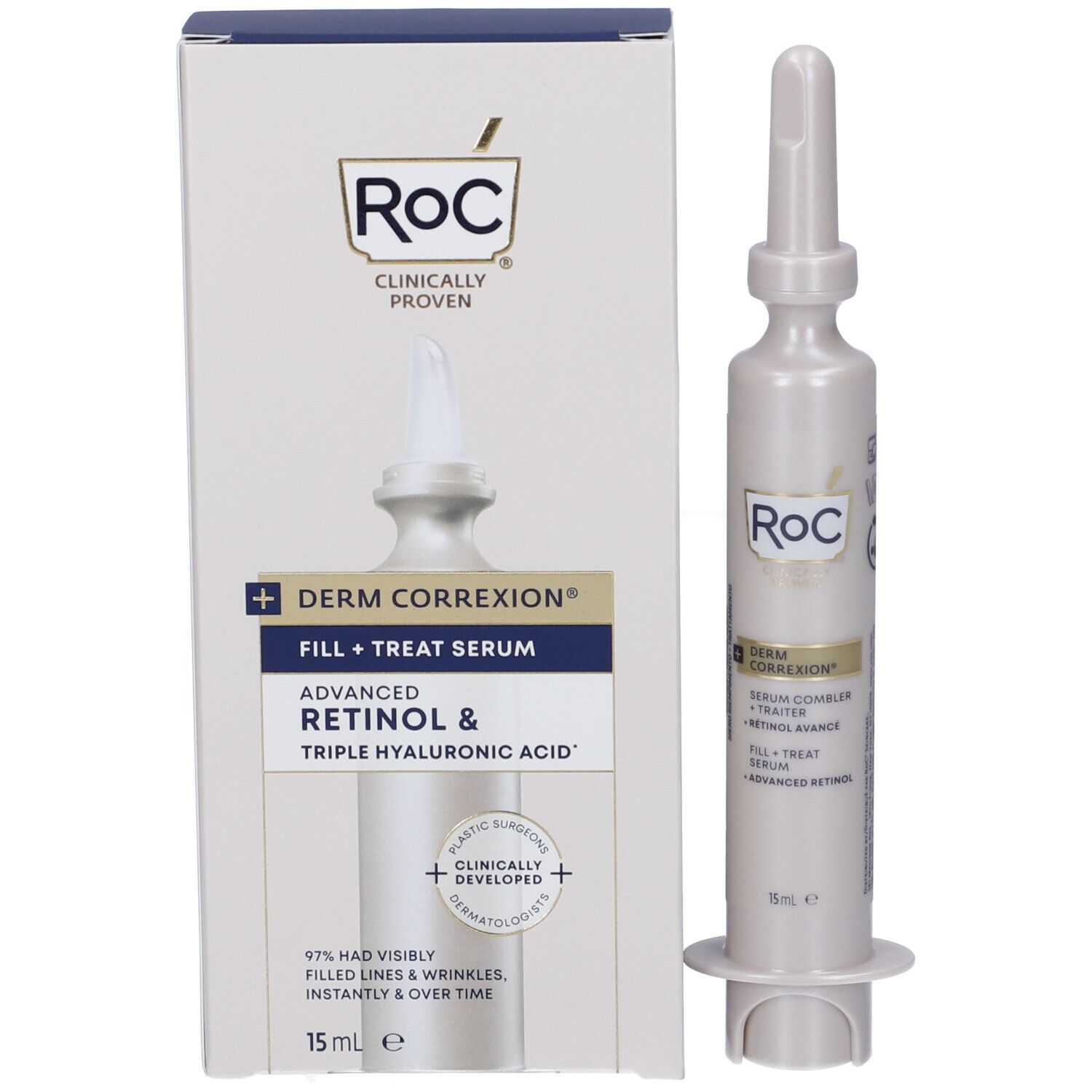 RoC Derm Correxion Siero. Confezione e flacone. 15 ml. Contiene retinolo e acido ialuronico.