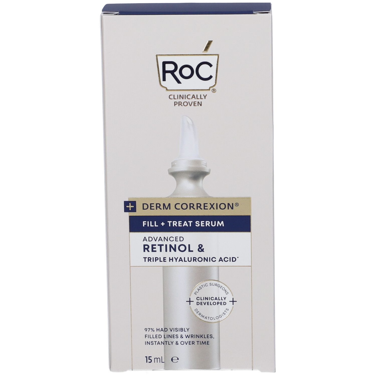 RoC Derm Correxion Siero. Confezione. 15 ml. Contiene retinolo e acido ialuronico.