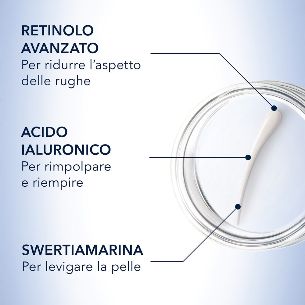Grafico con testo. Retinolo, acido ialuronico e swertiamarina. Descrizioni degli ingredienti.