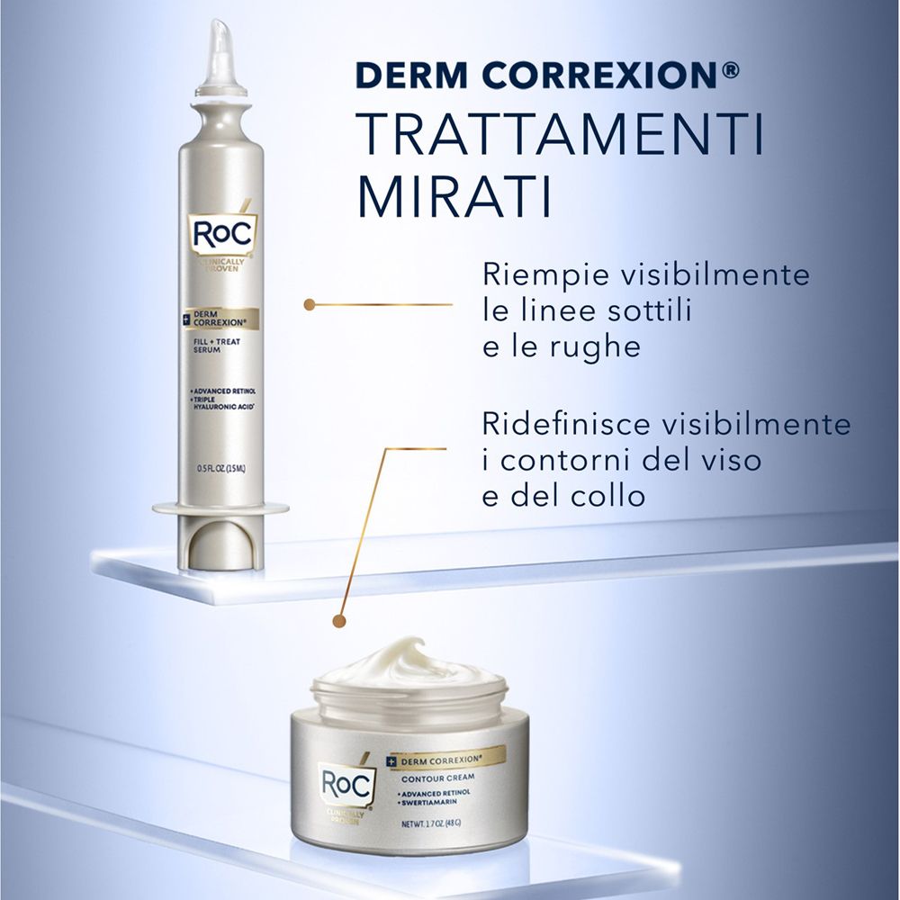 RoC Derm Correxion. Siero e crema. Testo: Trattamenti mirati. Riempie le rughe e definisce i contorni.