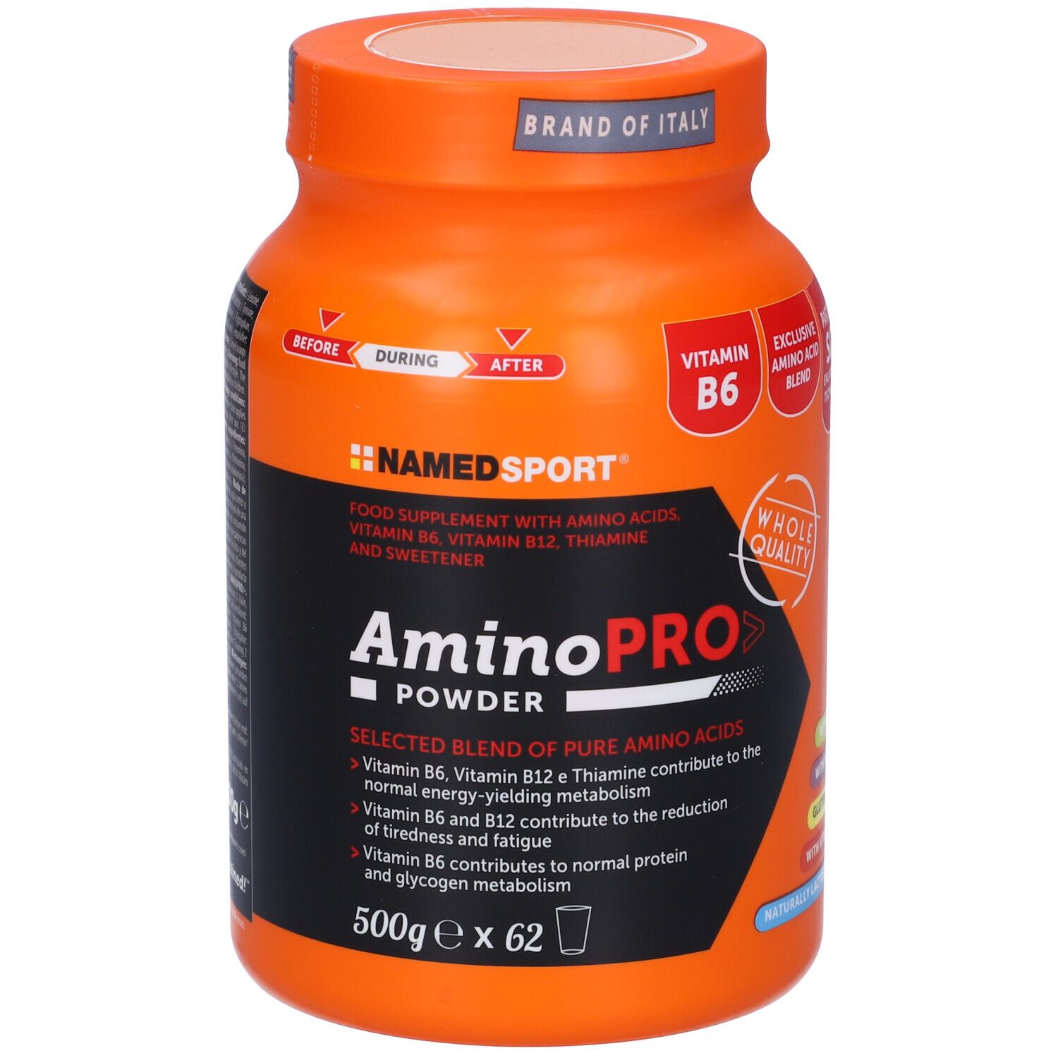Barattolo arancione di polvere Namedsport AmminoPRO. Contiene vitamina B6, B12 e tiamina. 500g, 62 porzioni.