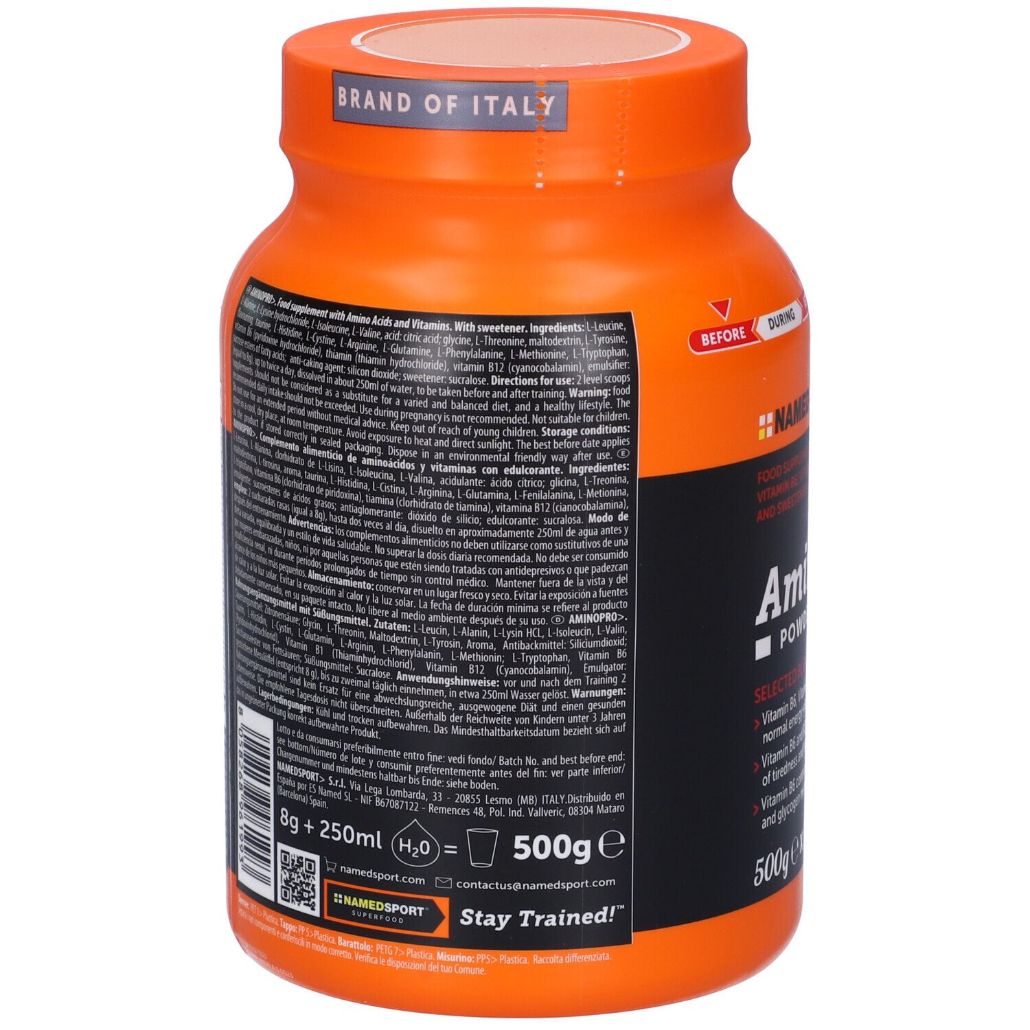Retro del barattolo di polvere Namedsport AmminoPRO. Contiene ingredienti, informazioni nutrizionali e istruzioni. 500g.