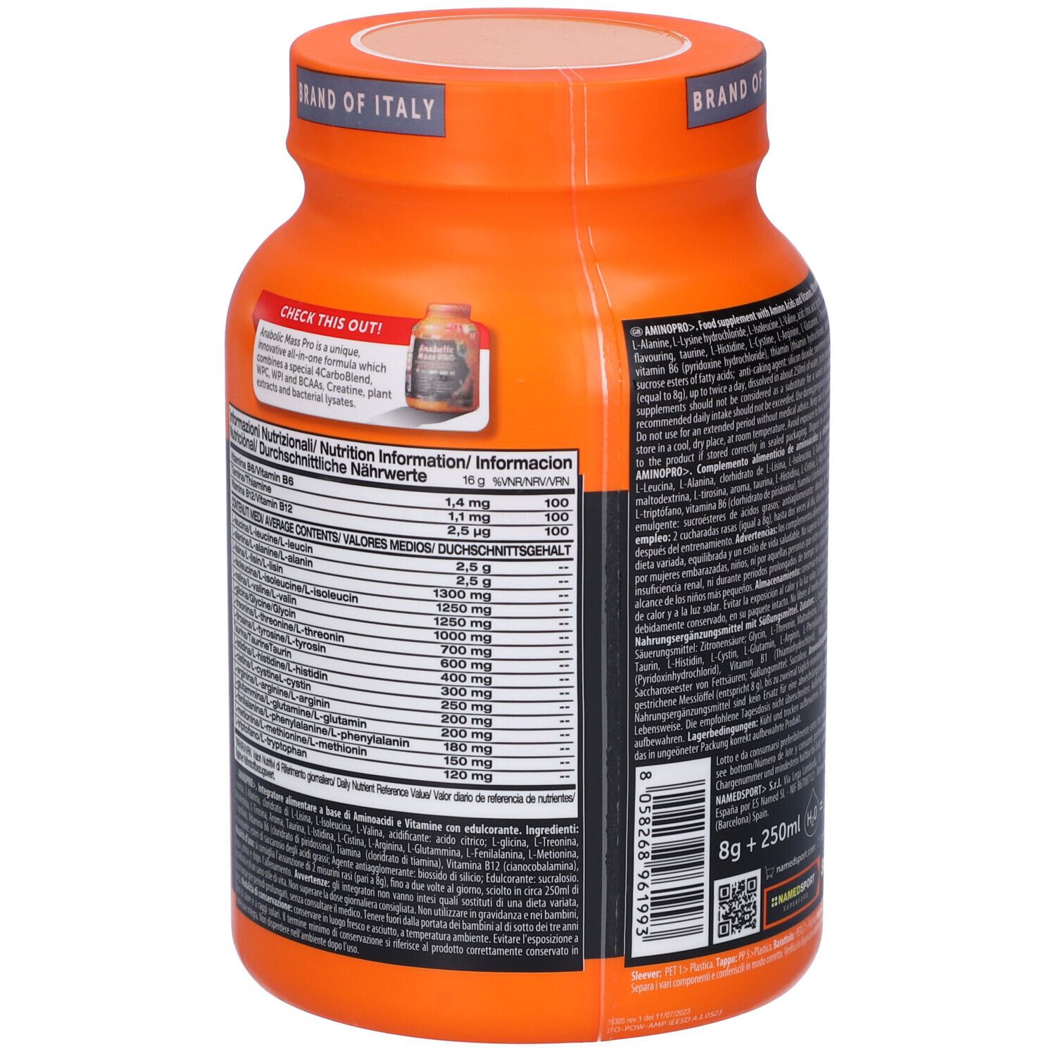 Retro del barattolo di polvere Namedsport AmminoPRO. Tabella nutrizionale con vitamine e aminoacidi. 500g.