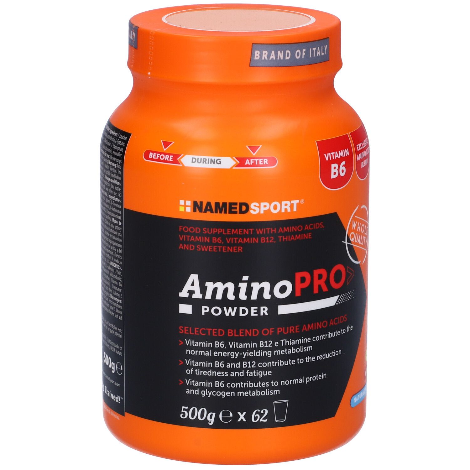 Barattolo arancione di polvere Namedsport AmminoPRO. Contiene vitamina B6, B12 e tiamina. 500g, 62 porzioni.