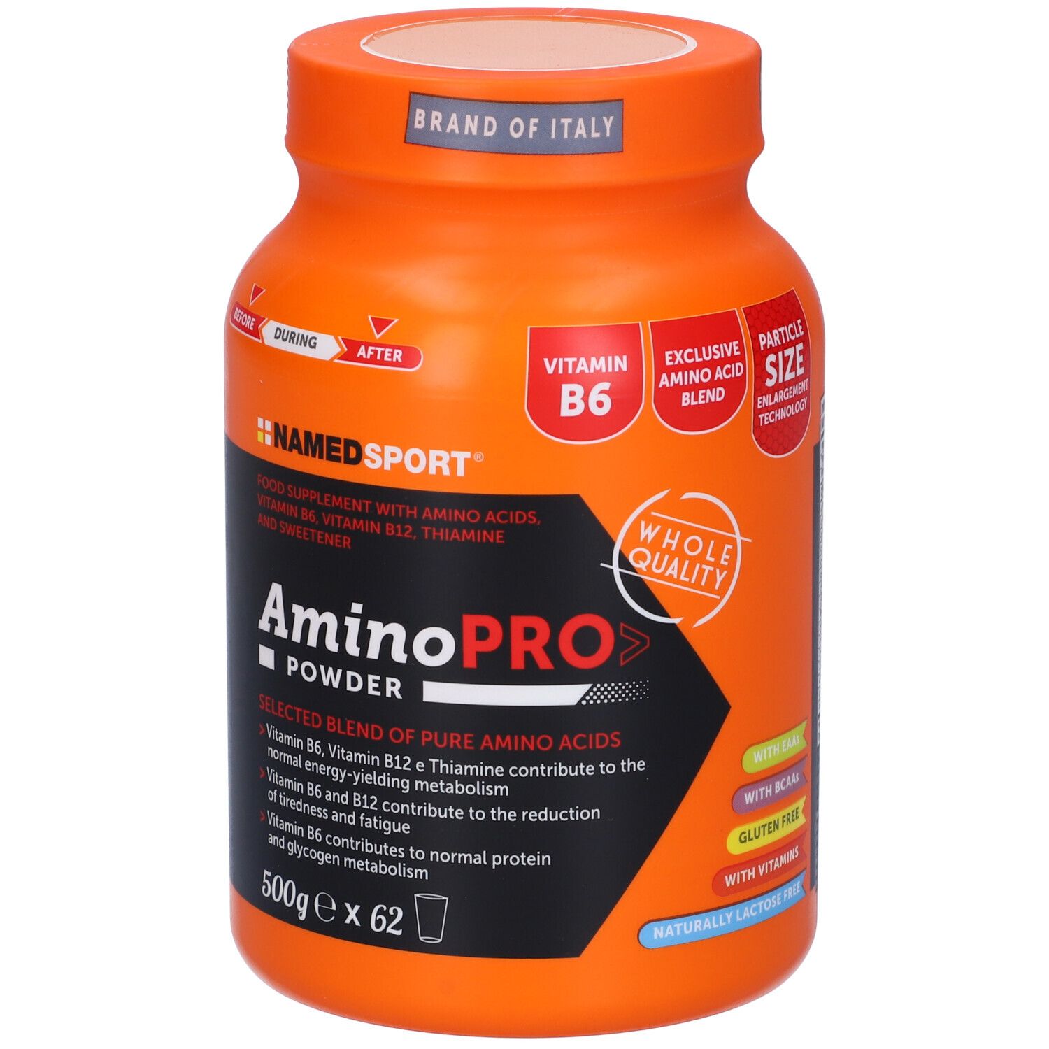Barattolo arancione Namedsport AmminoPRO polvere. Contiene vitamina B6, B12, tiamina. Con BCAA, senza glutine, senza lattosio.