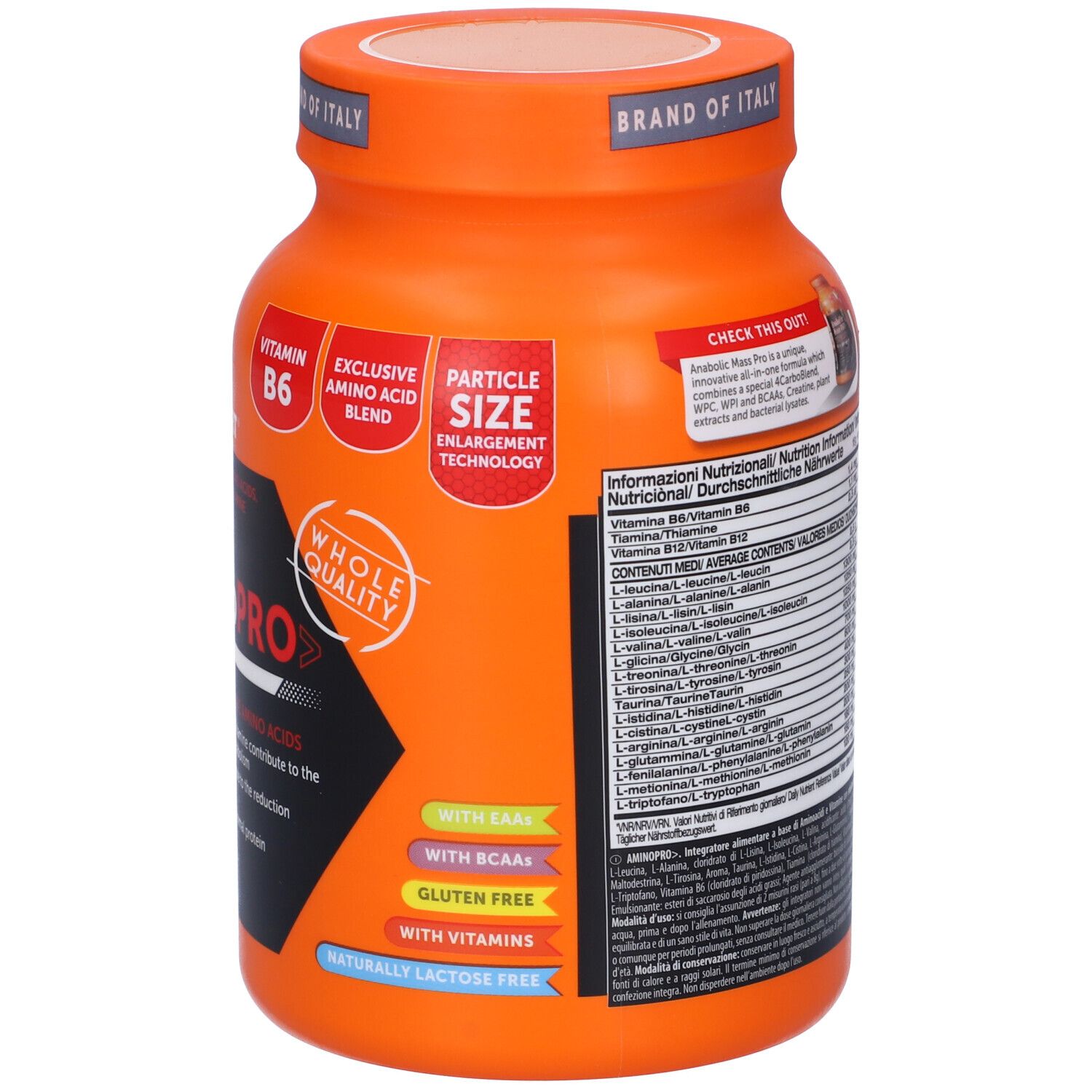 Retro del barattolo Namedsport AmminoPRO polvere. Tabella nutrizionale, ingredienti. Con BCAA, senza glutine, senza lattosio.