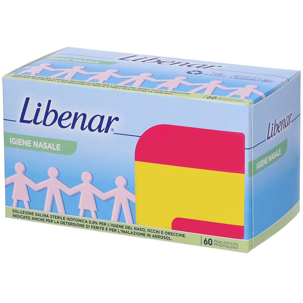 Scatola Libenar. Scritto: Igiene Nasale. 60 flaconcini. Colori rosa, giallo e blu.