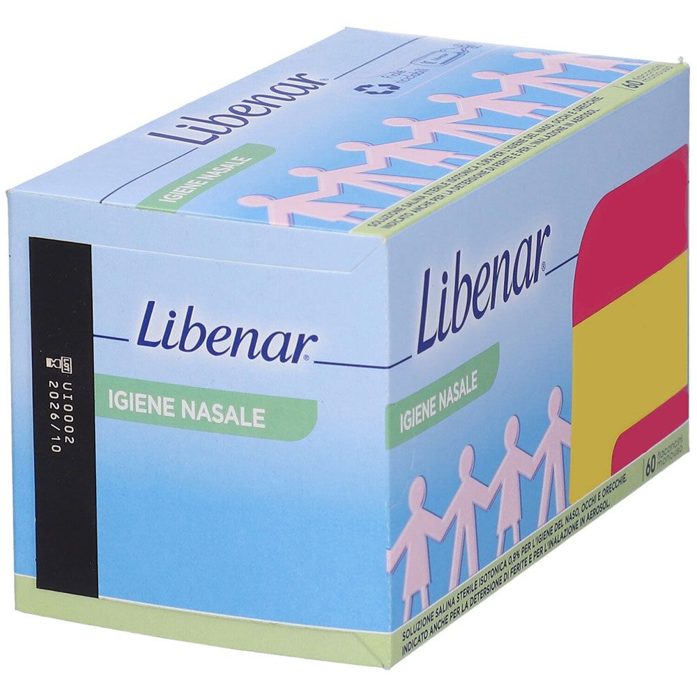 Scatola Libenar. Scritto: Igiene Nasale. 60 flaconcini. Scatola blu con accenti rosa e gialli.