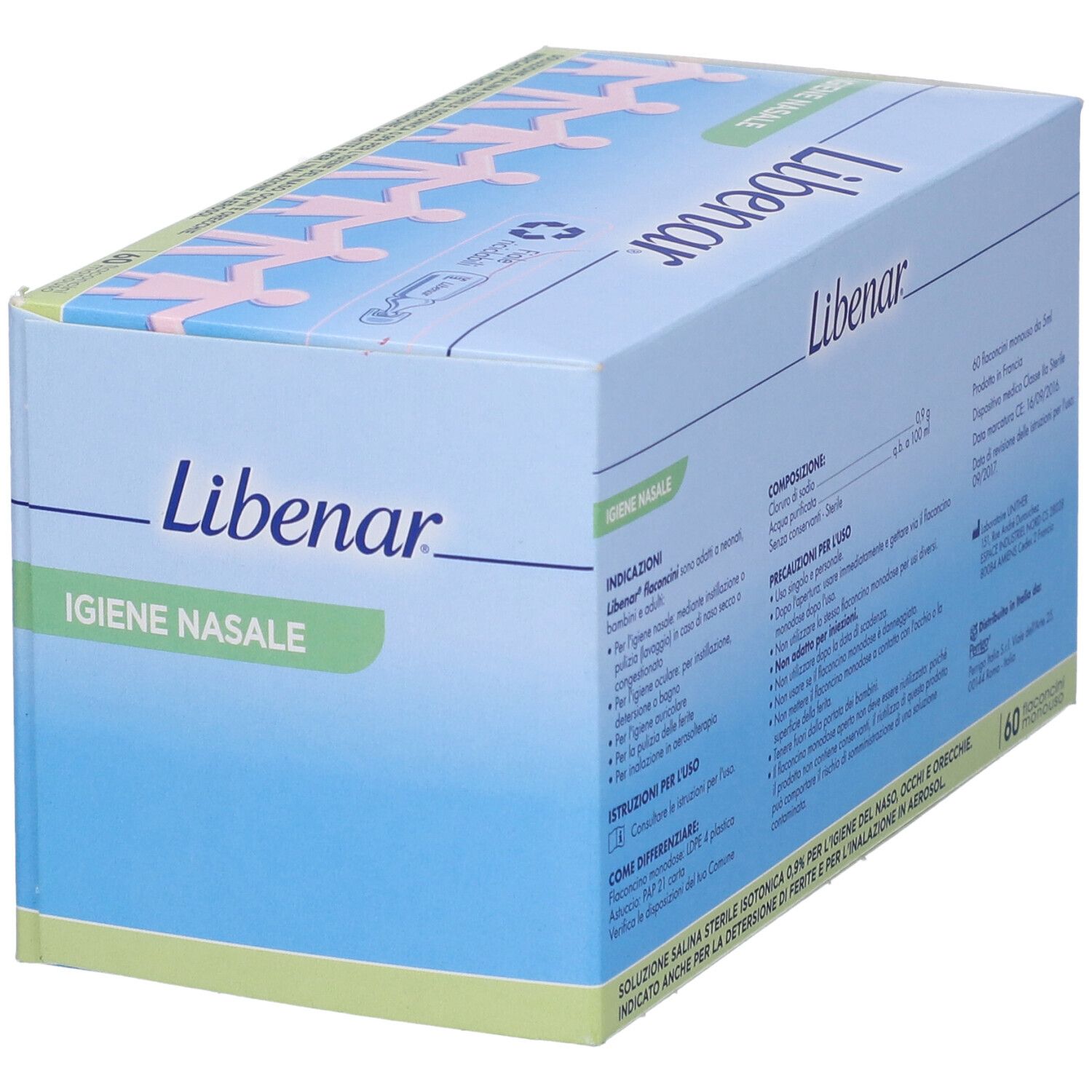 Scatola Libenar. Scritto: Igiene Nasale. 60 flaconcini. Scatola blu con informazioni sul prodotto.