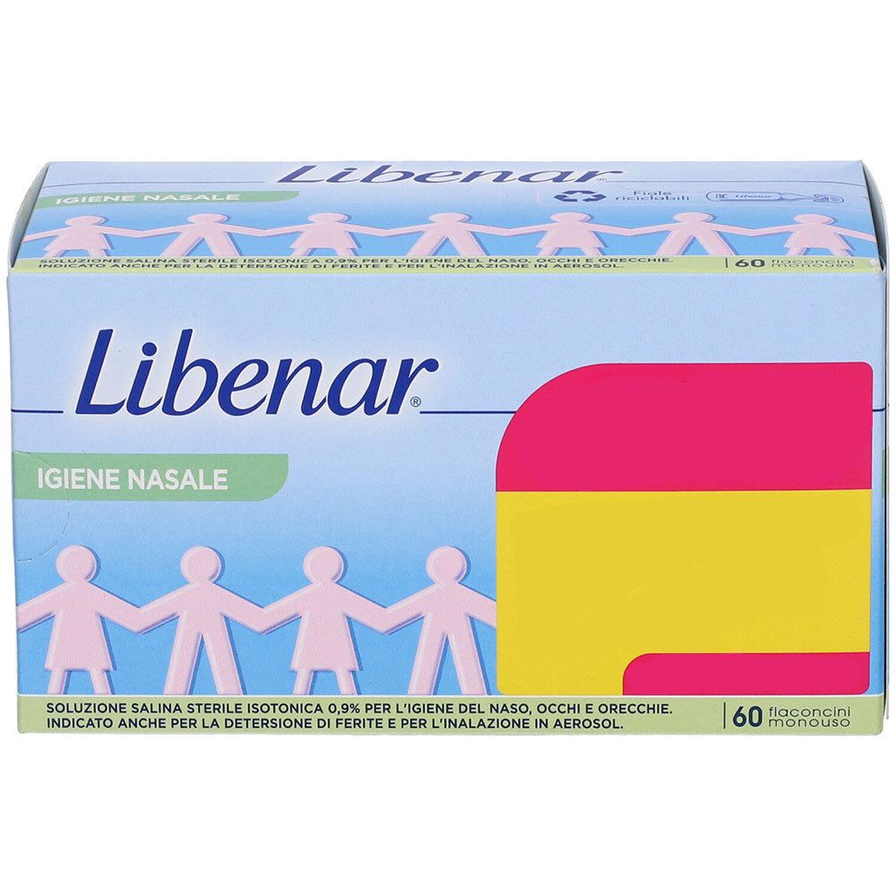 Scatola Libenar. Scritto: Igiene Nasale. 60 flaconcini. Colori rosa, giallo e blu.