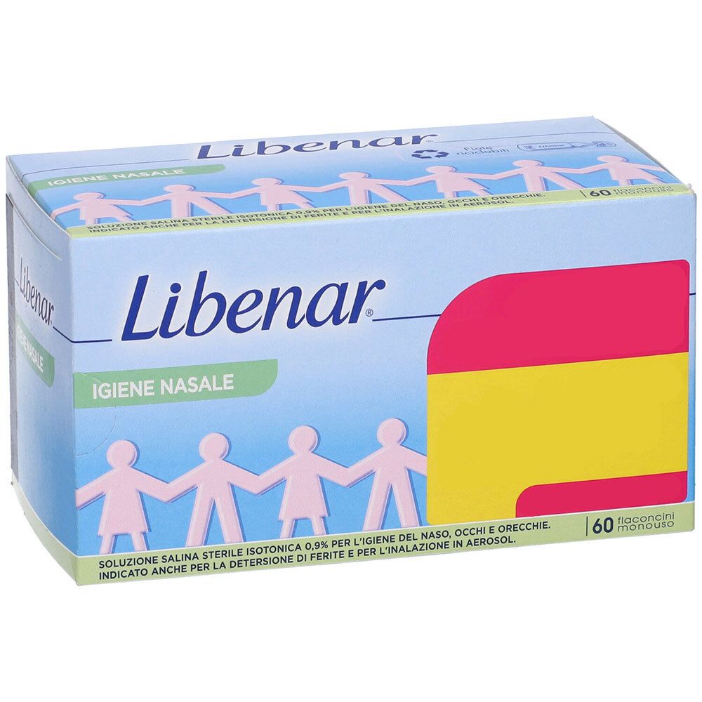 Scatola Libenar. Scritto: Igiene Nasale. 60 flaconcini. Colori rosa, giallo e blu.