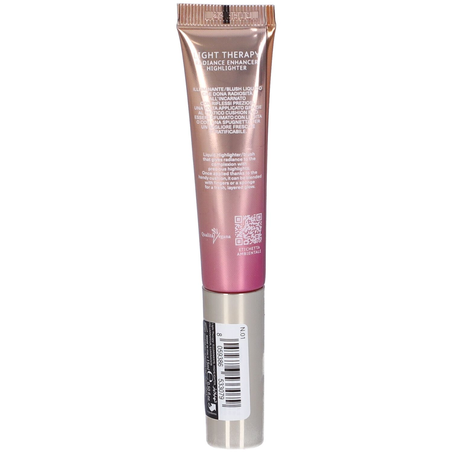 Retro del tubo. ASTRA Make-Up Light Therapy. Testo. Codice a barre e informazioni. Ingredienti.
