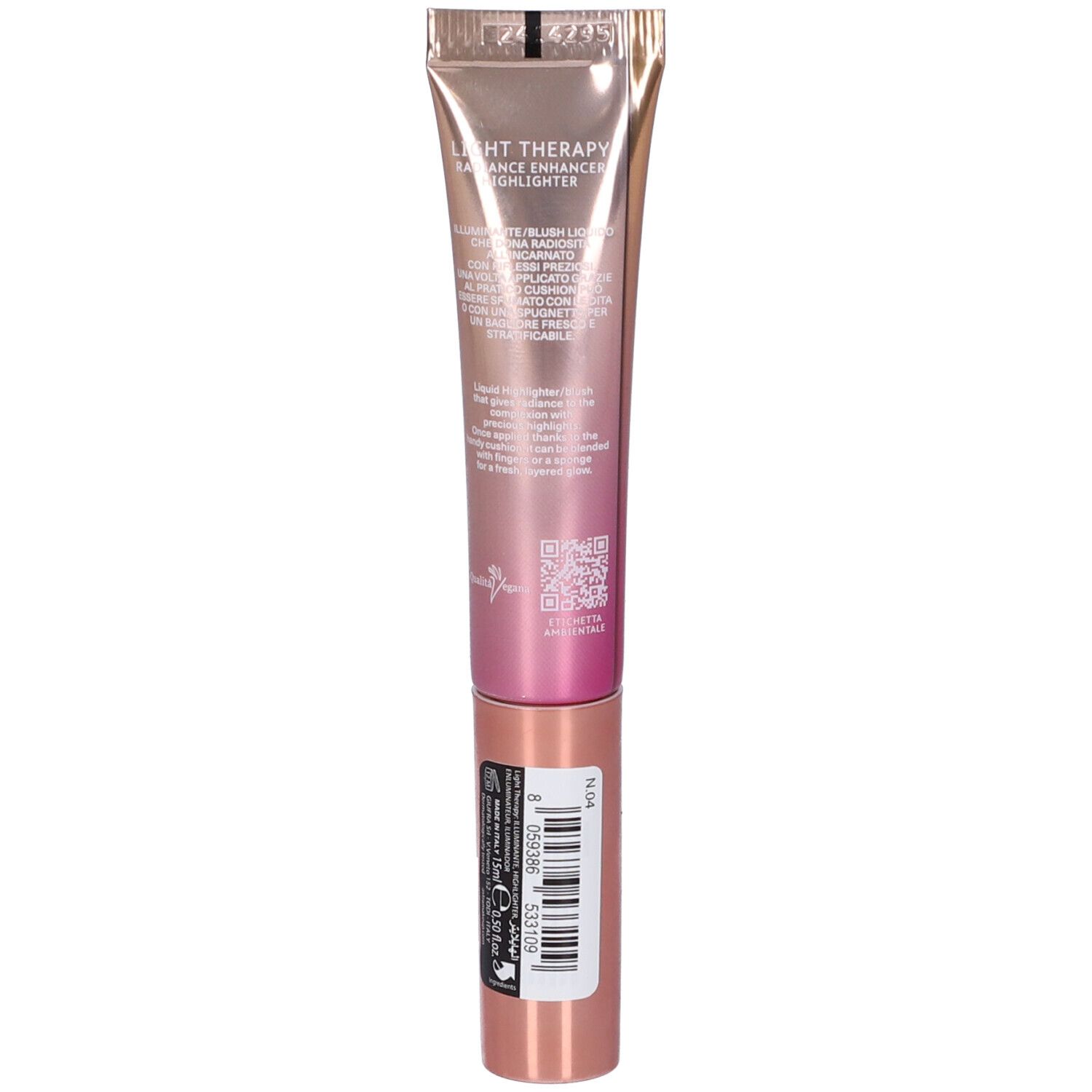 Retro del tubo ASTRA Make-Up Light Therapy. Informazioni sul prodotto e codice a barre.