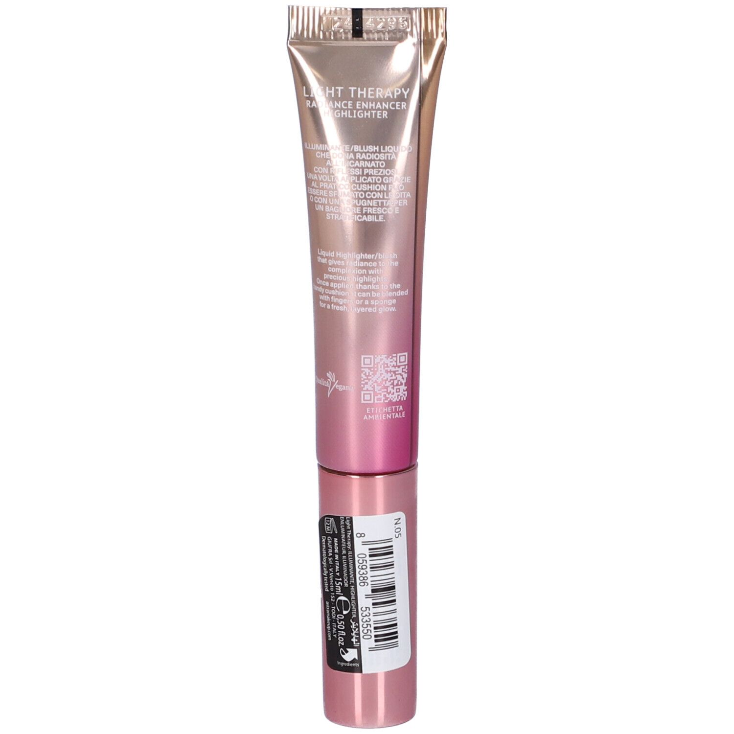 Retro del tubo. ASTRA Make-Up Light Therapy. Testo e codice a barre. Tappo rosa. Codice QR.