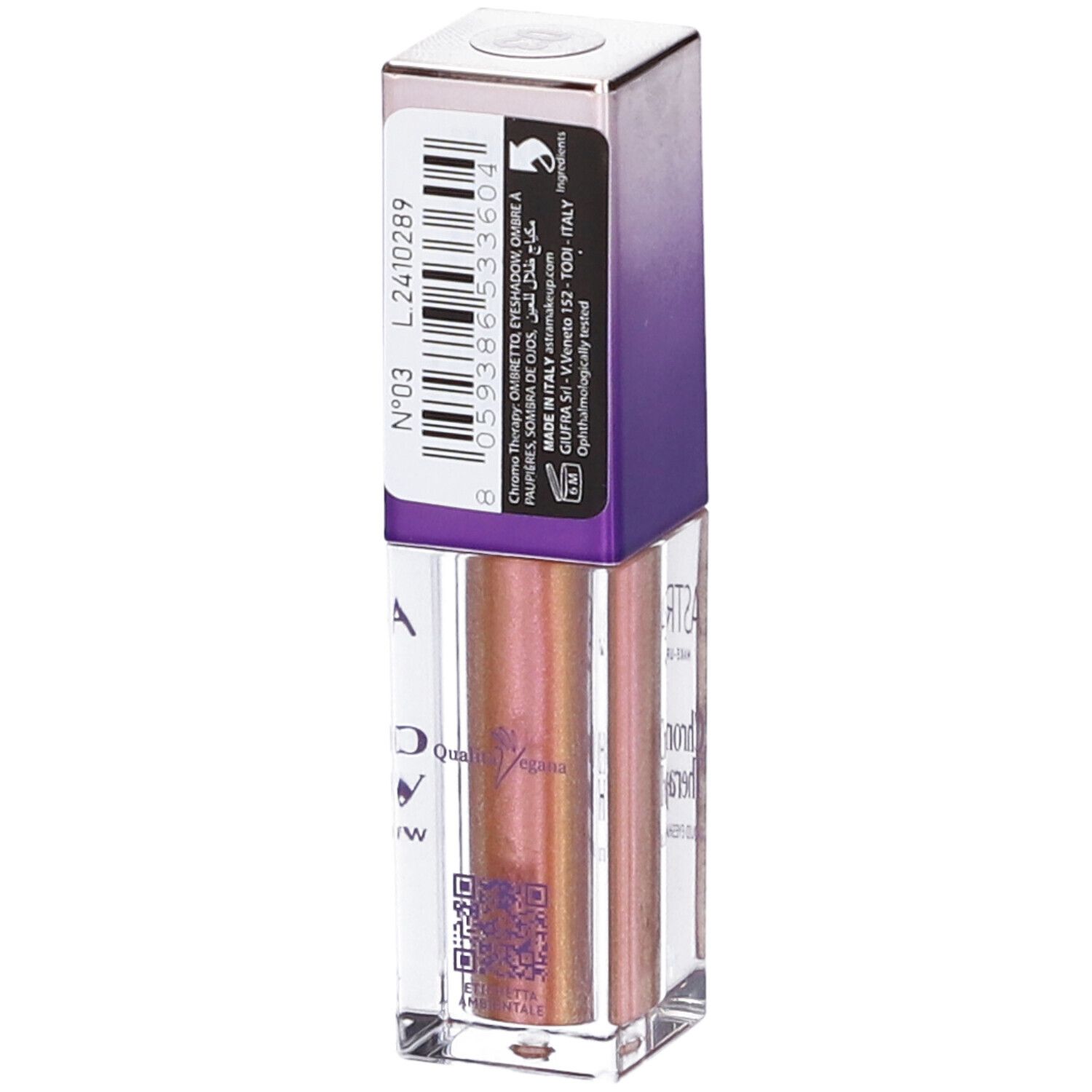 Ombretto liquido. ASTRA Make-Up Chromo Therapy. Tonalità 03. Flacone trasparente, tappo viola. Codice a barre.