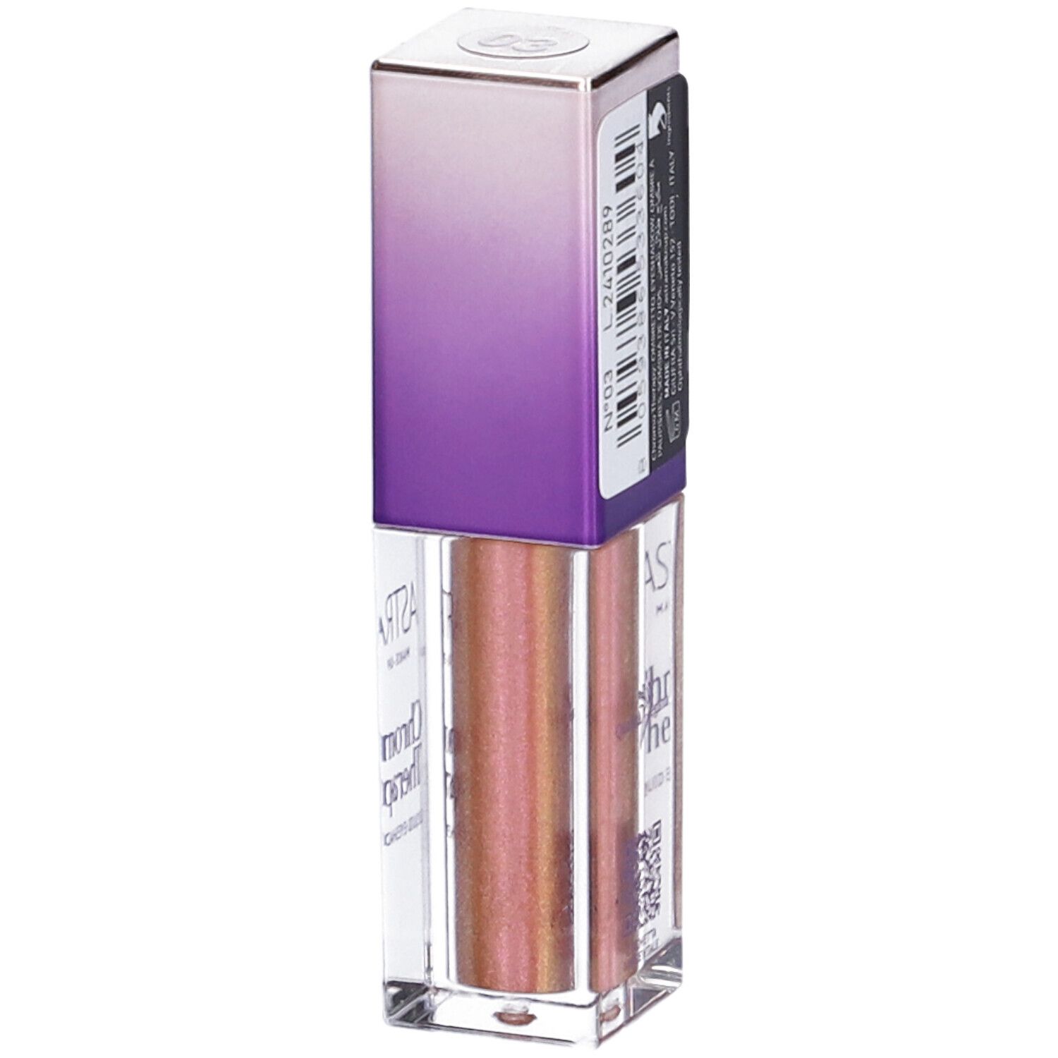 Ombretto liquido. ASTRA Make-Up Chromo Therapy. Tonalità 03. Flacone trasparente, tappo viola. Etichetta.