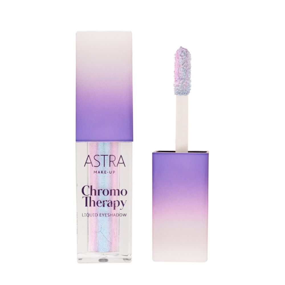 Ombretto liquido in flacone rettangolare con sfumatura viola. Applicatore visibile.