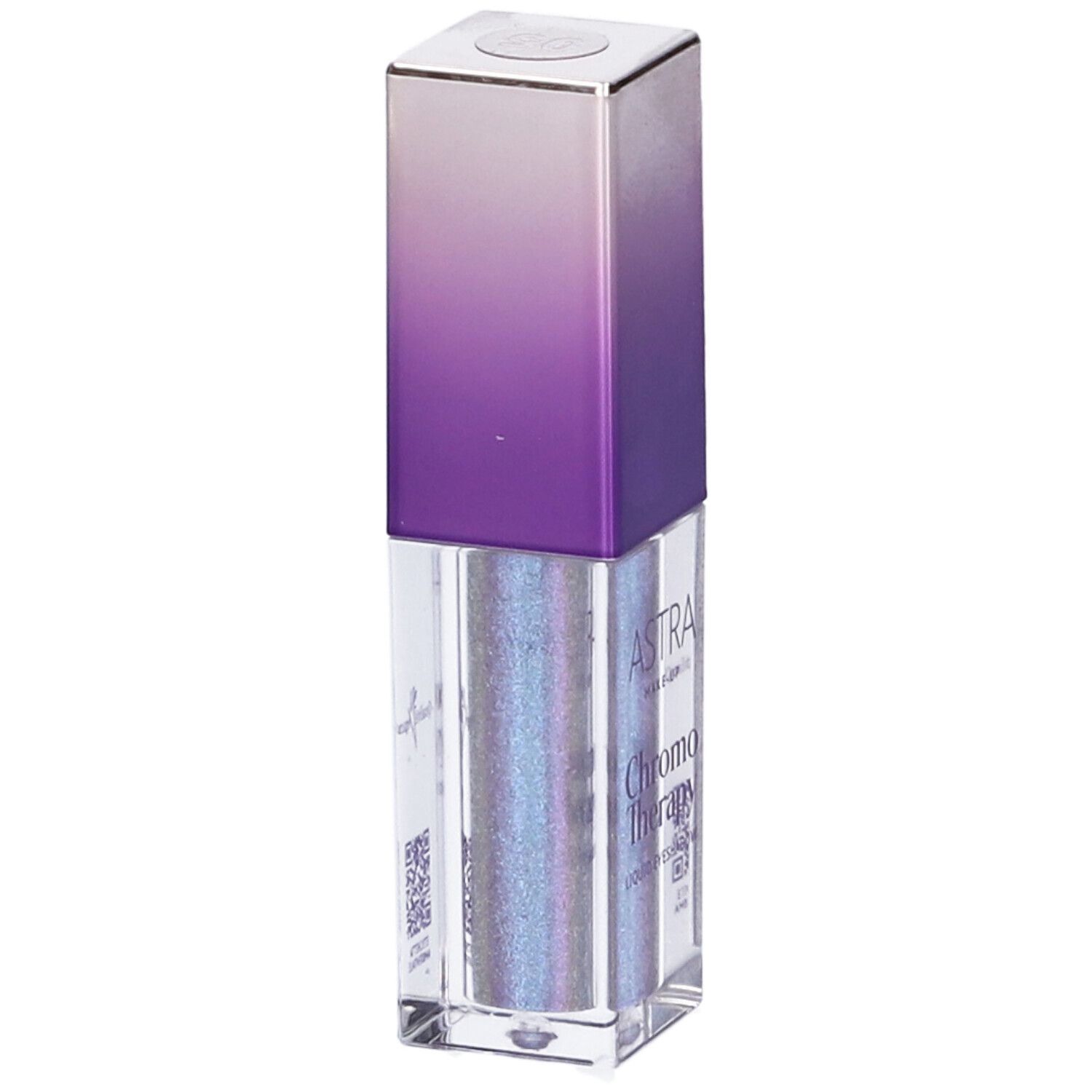 Ombretto liquido in flacone rettangolare con sfumatura viola. Etichetta del prodotto visibile.