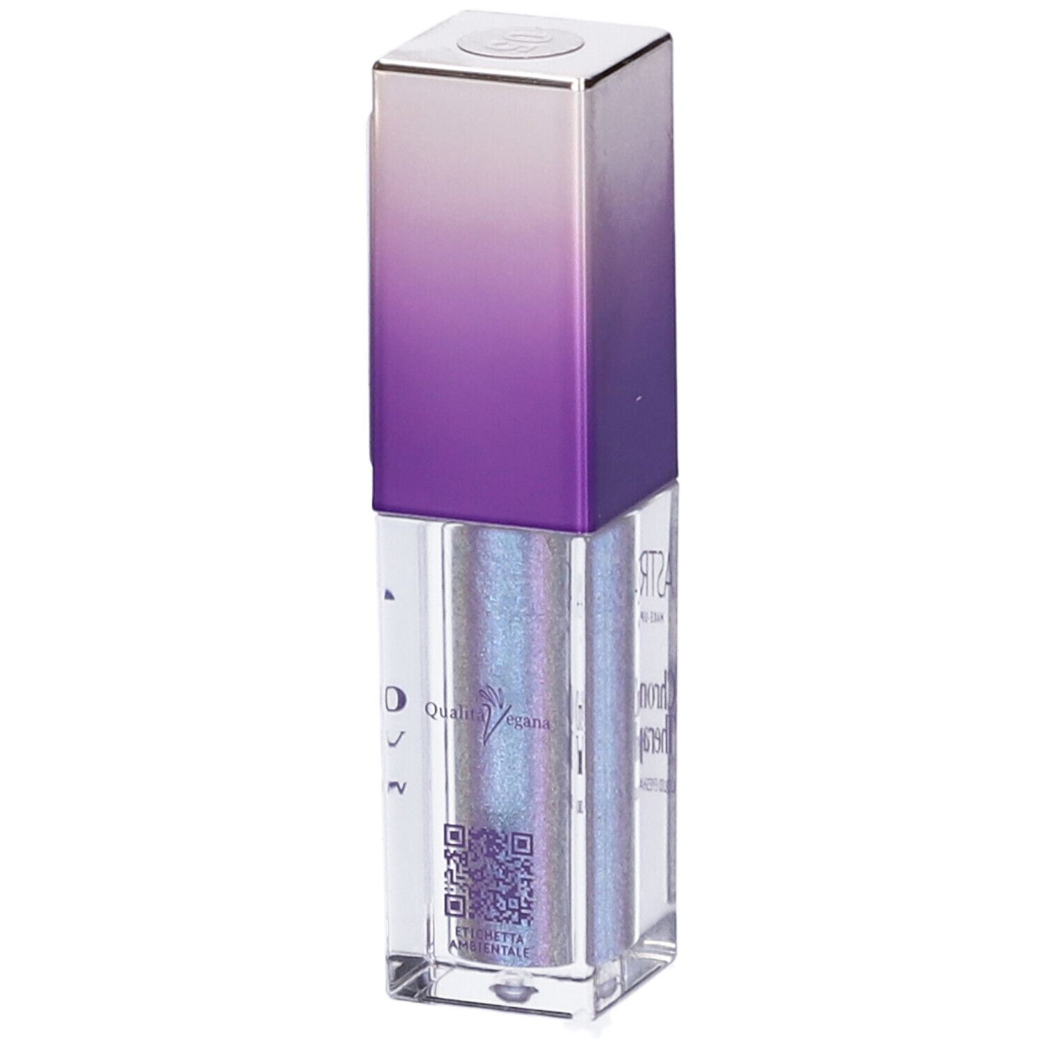 Ombretto liquido in flacone rettangolare con sfumatura viola. Etichetta del prodotto visibile.