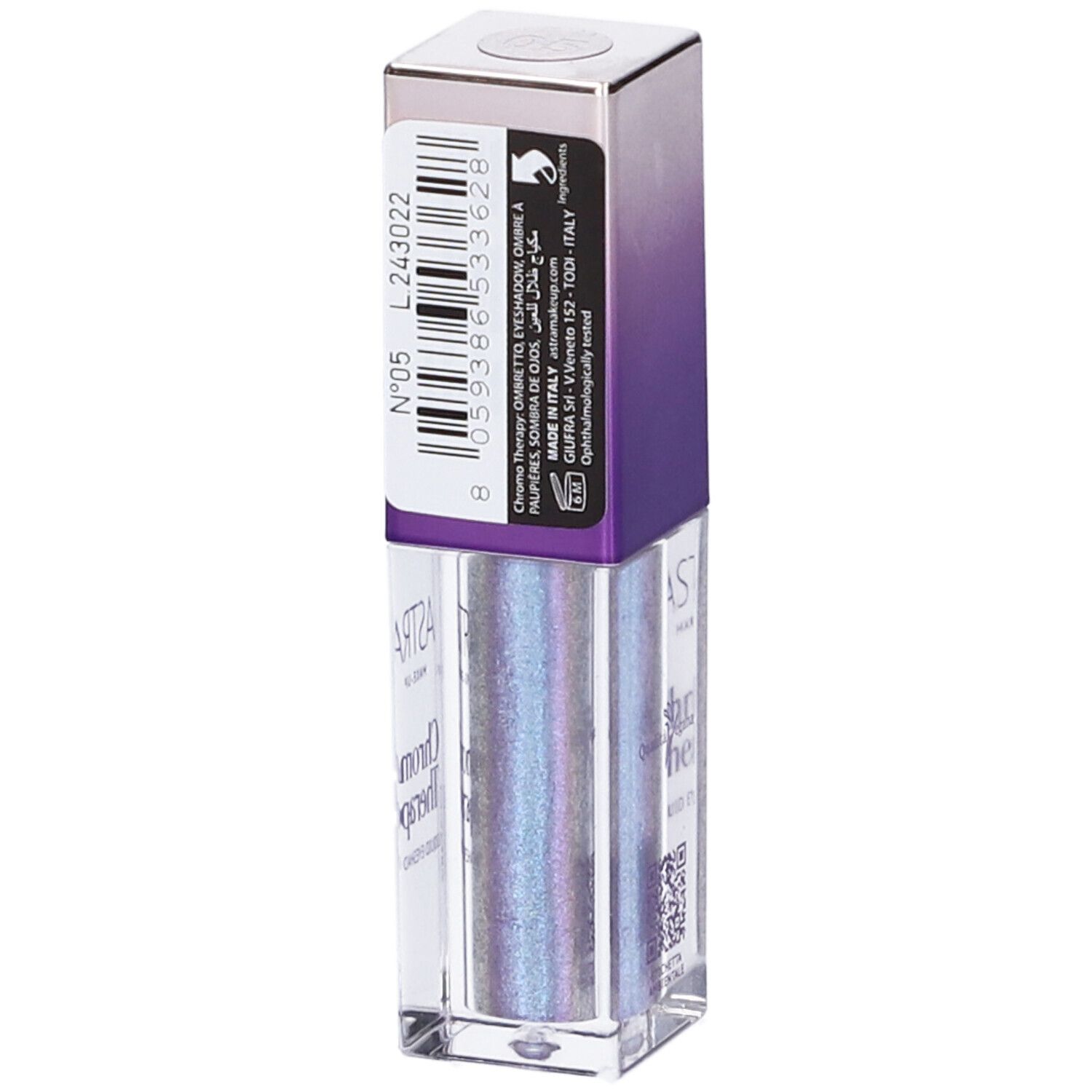 Ombretto liquido in flacone rettangolare con sfumatura viola. Etichetta del prodotto visibile.