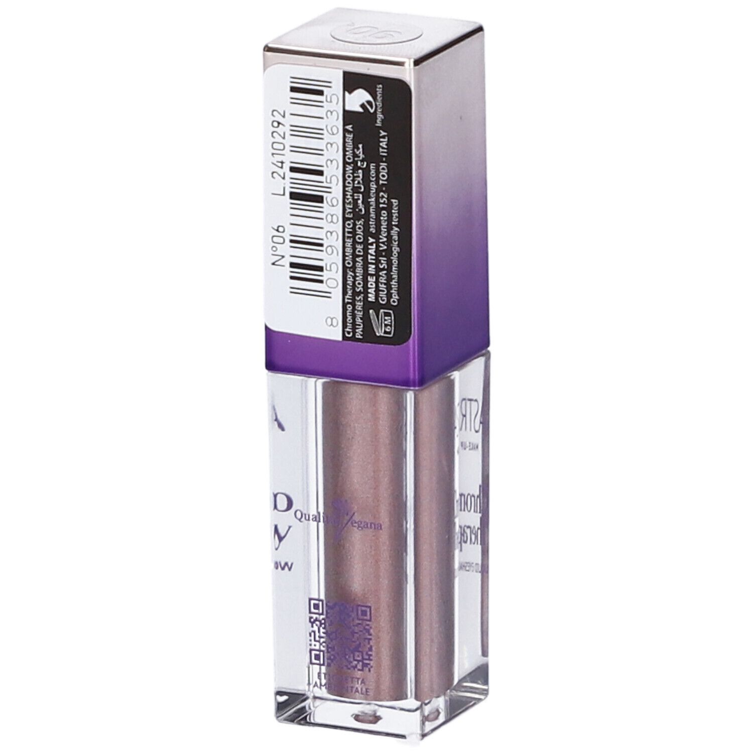 Ombretto liquido in confezione. Marchio ASTRA Make-Up, nome prodotto Chromo Therapy, tonalità 06. Flacone con tappo lilla-bianco.