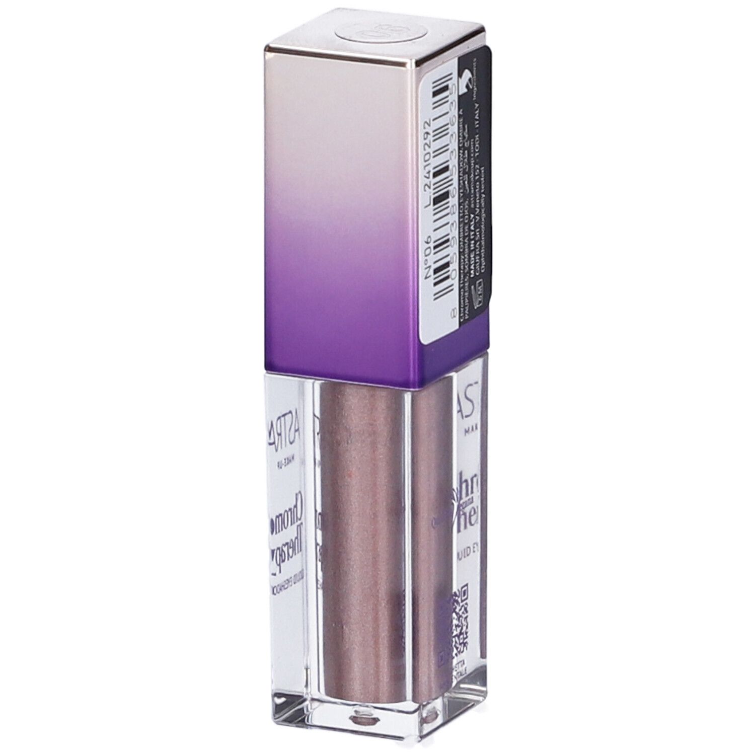 Ombretto liquido in confezione. Marchio ASTRA Make-Up, nome prodotto Chromo Therapy, tonalità 06. Flacone con tappo lilla-bianco.