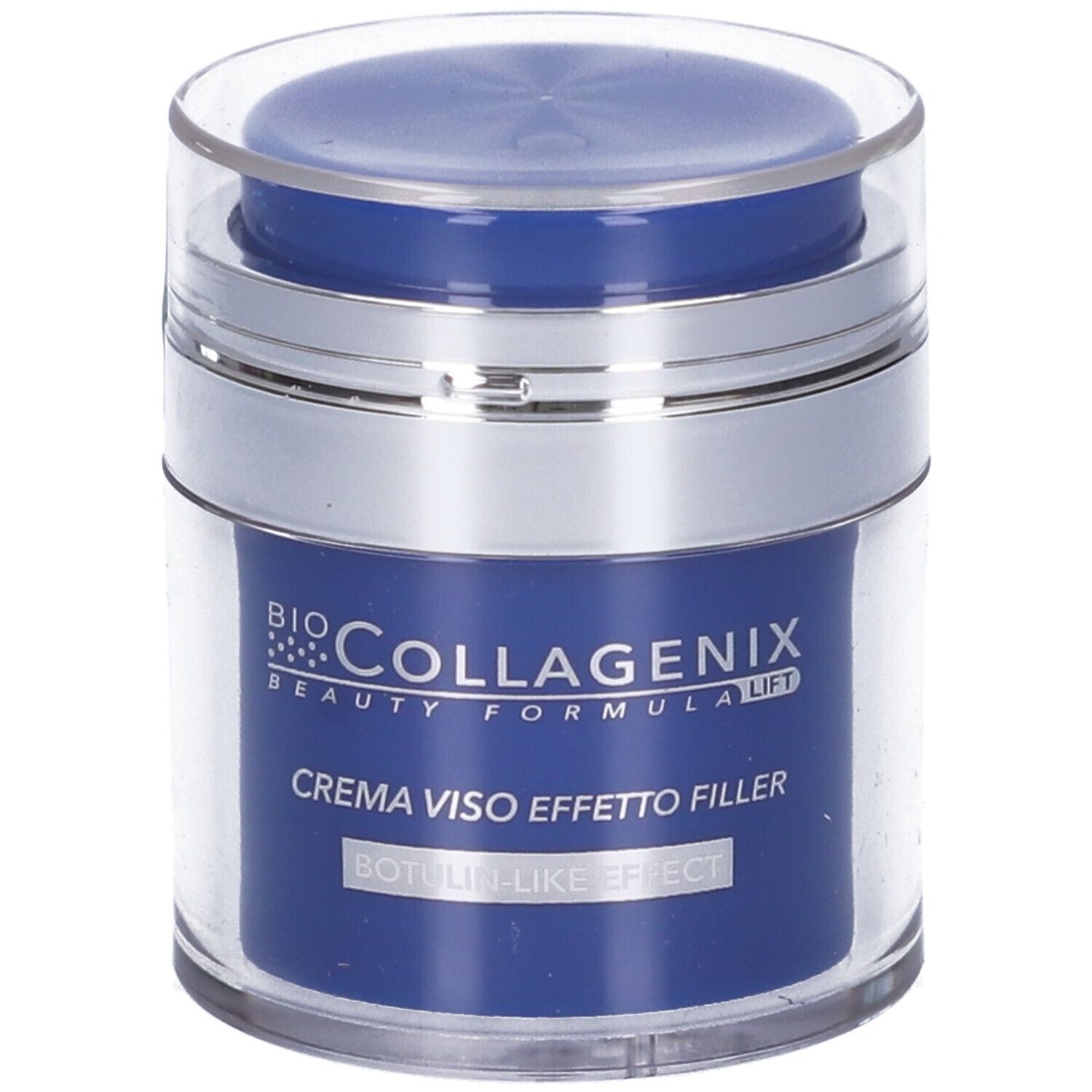 Blaue Creme-Dose mit silbernem Rand und transparentem Deckel. Aufschrift: Bio Collagenix, Crema Viso Effetto Filler, Botulin-like Effect.