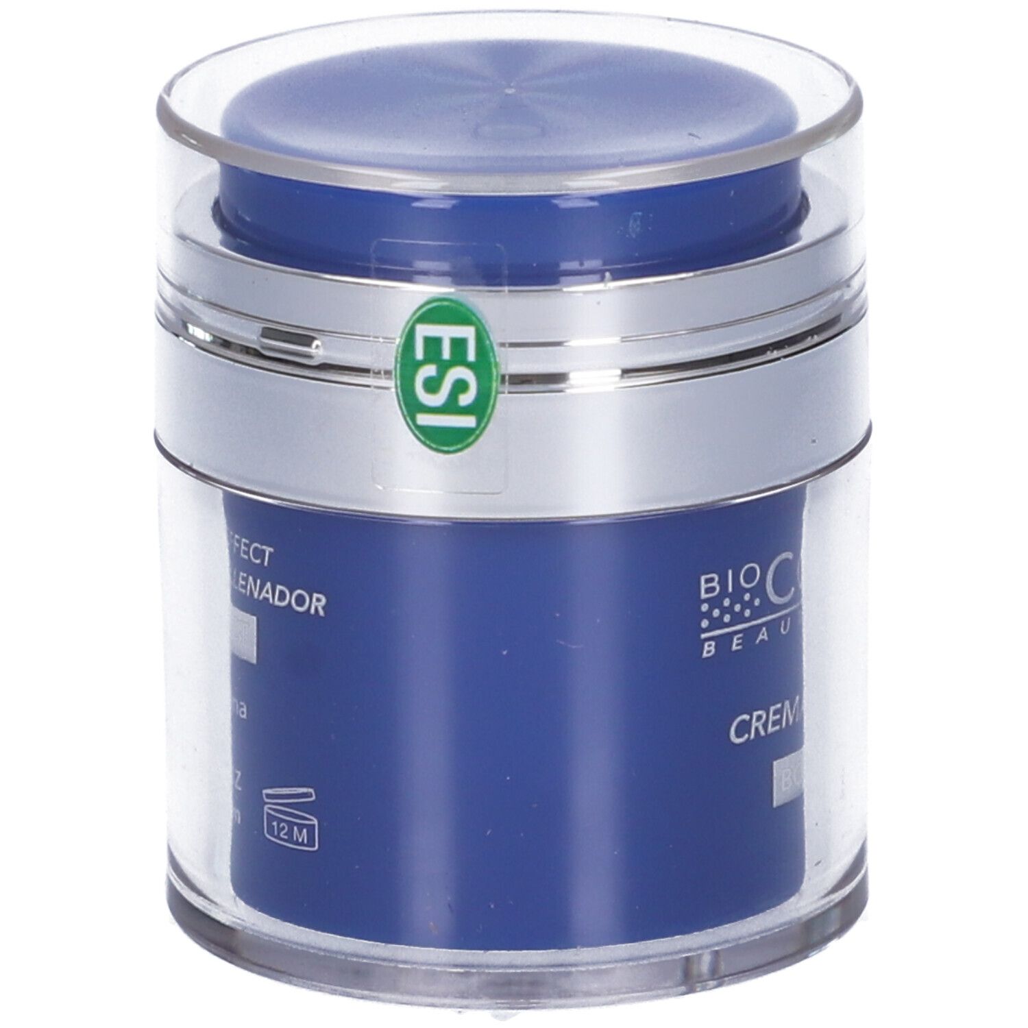 Blaue Creme-Dose mit silbernem Rand und transparentem Deckel. Aufschrift: ESI, Bio Collagenix, Crema Viso Effetto Filler.