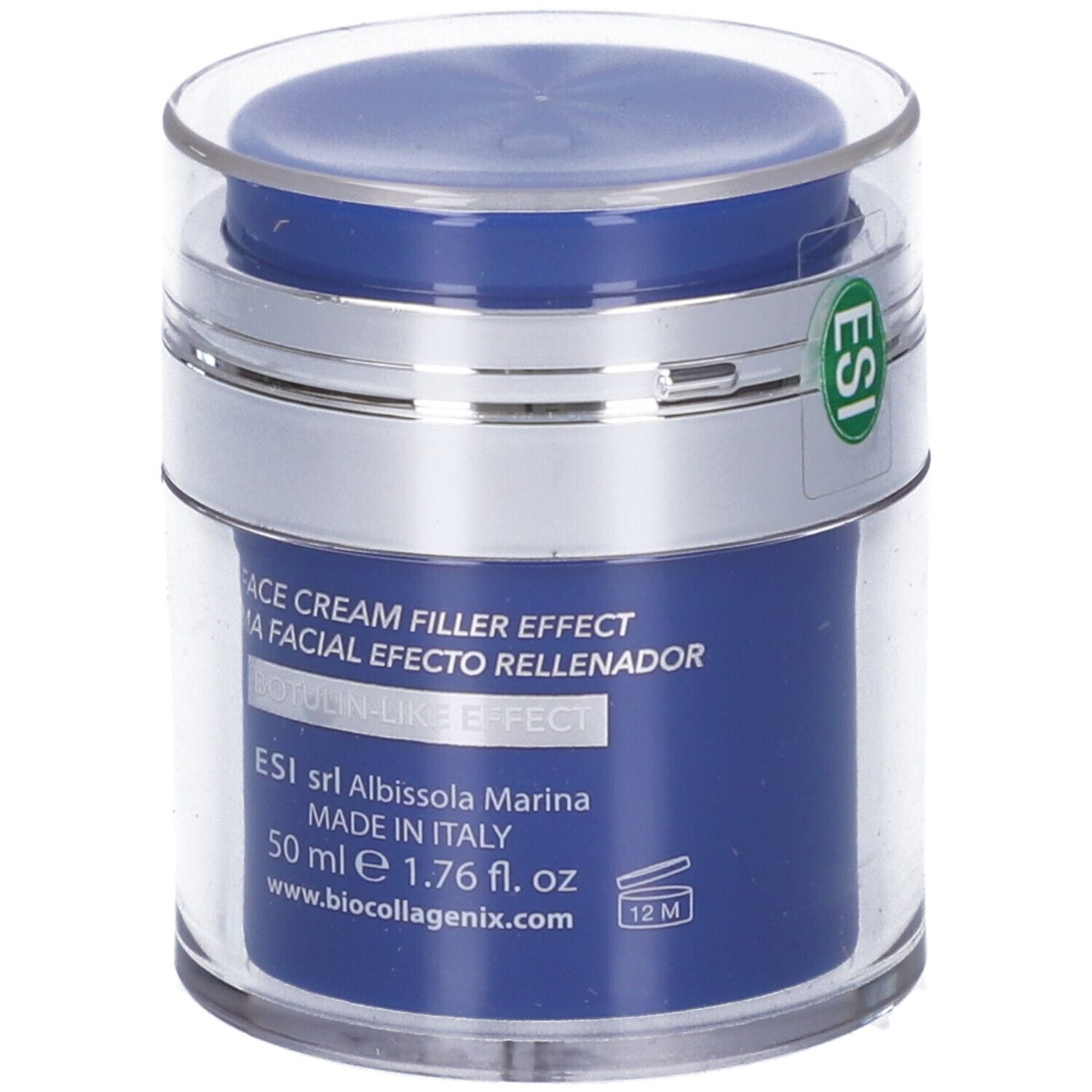 Blaue Creme-Dose mit silbernem Rand und transparentem Deckel. Aufschrift: Face Cream Filler Effect, Botulin-like Effect, ESI, 50 ml.