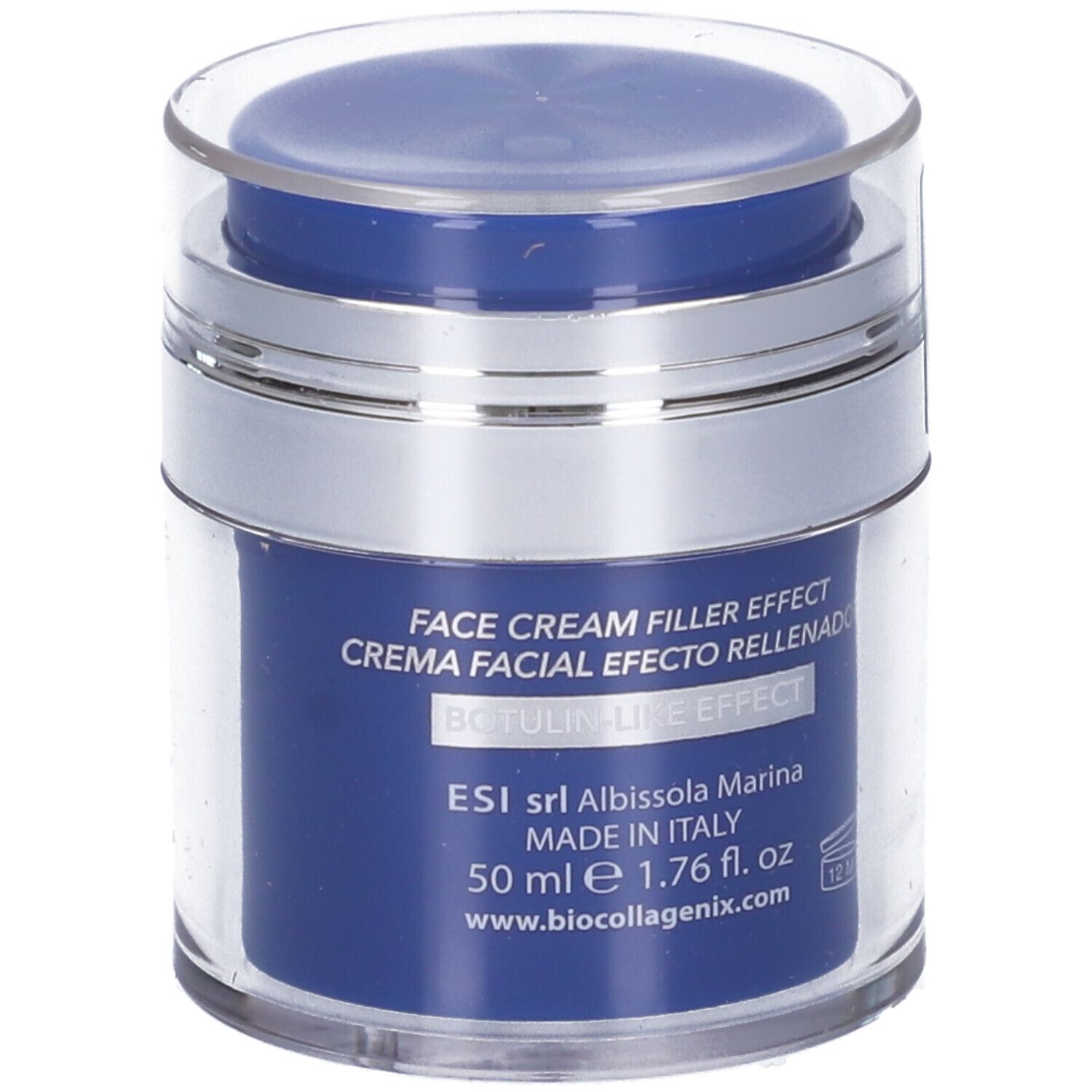 Blaue Creme-Dose mit silbernem Rand und transparentem Deckel. Aufschrift: Face Cream Filler Effect, Botulin-like Effect, ESI, 50 ml.