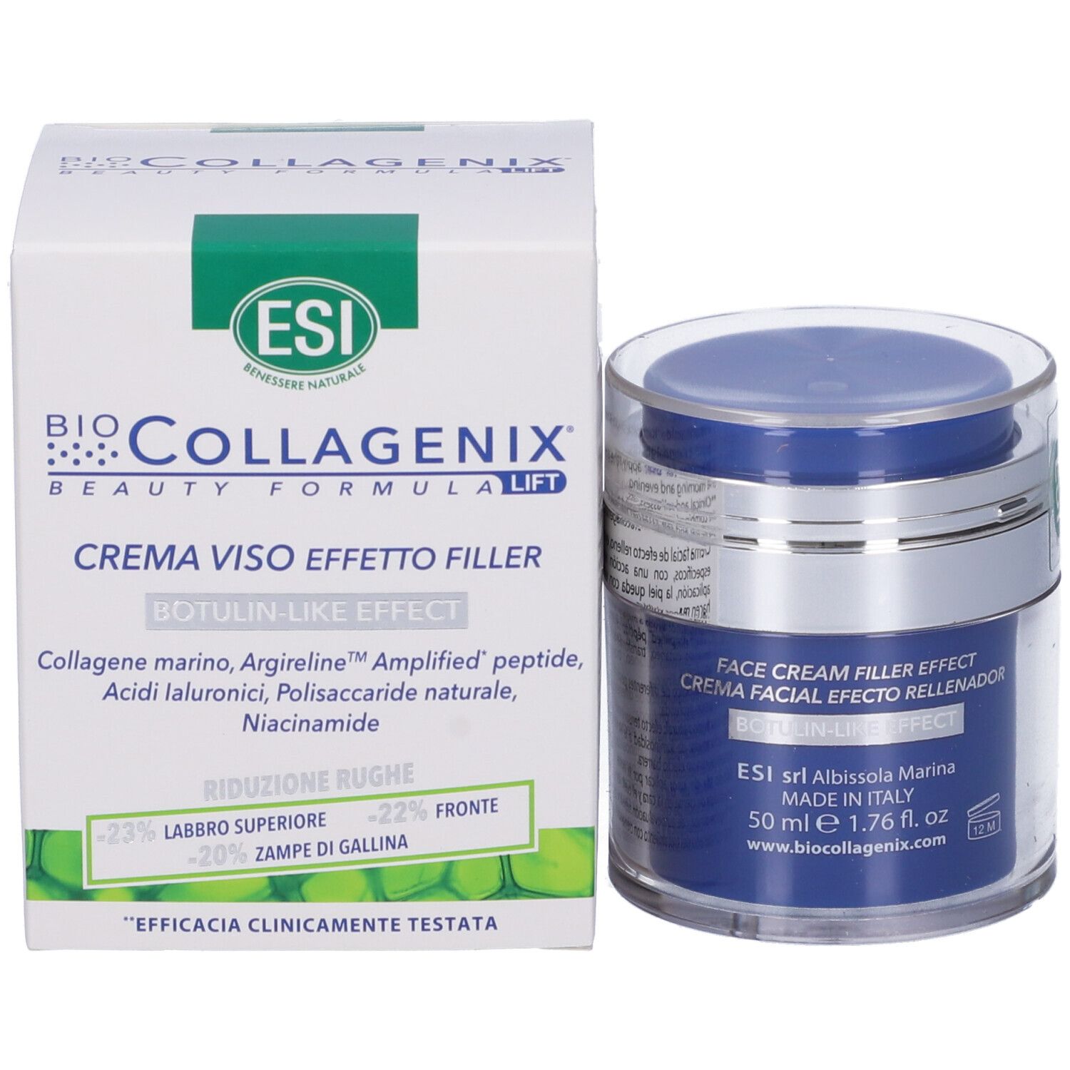 Creme-Dose und Verpackung. Dose: blau, silber, transparent. Verpackung: weiß, grün. Aufschrift: Bio Collagenix, Crema Viso Effetto Filler.