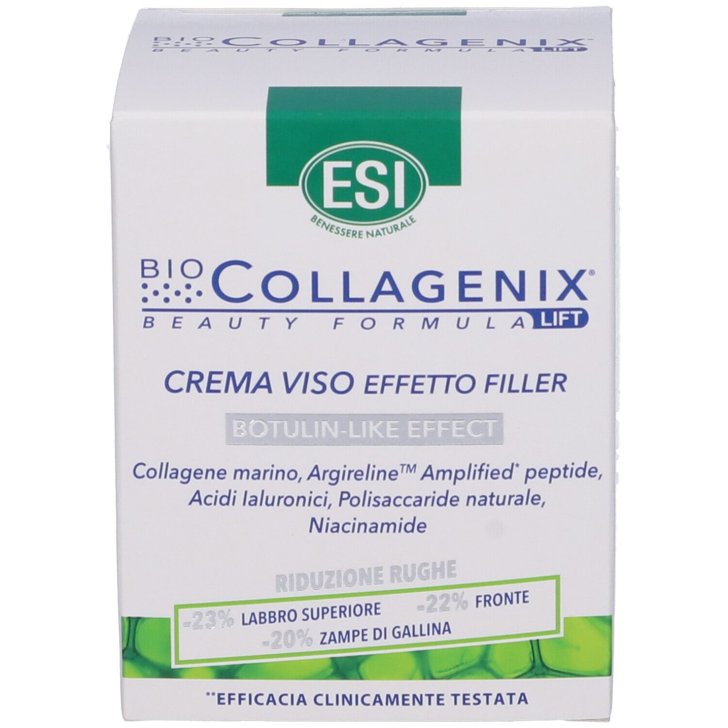 Weiße Verpackung mit grünen Akzenten. Aufschrift: Bio Collagenix, Crema Viso Effetto Filler, Botulin-like Effect. Klinisch getestet.