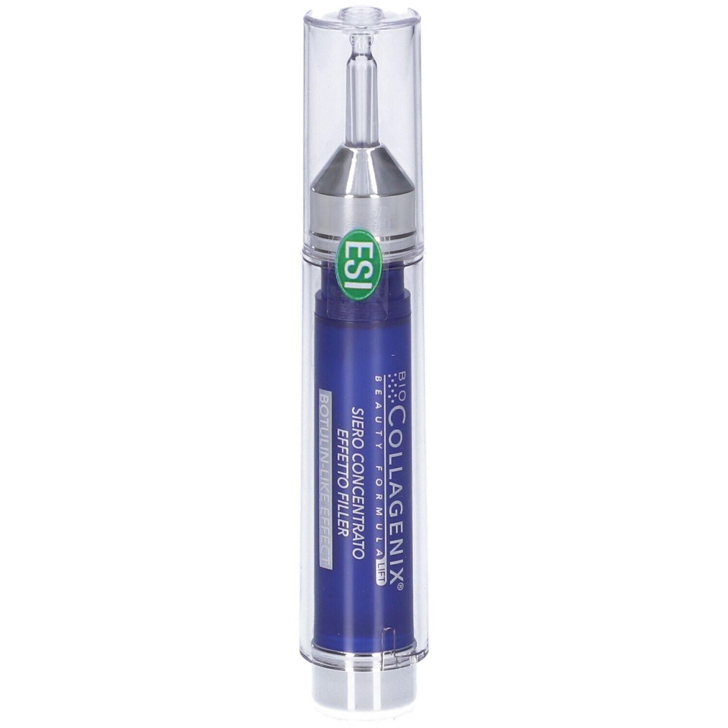 Siero blu in custodia trasparente. Con applicatore argentato. Logo ESI e nome del prodotto.