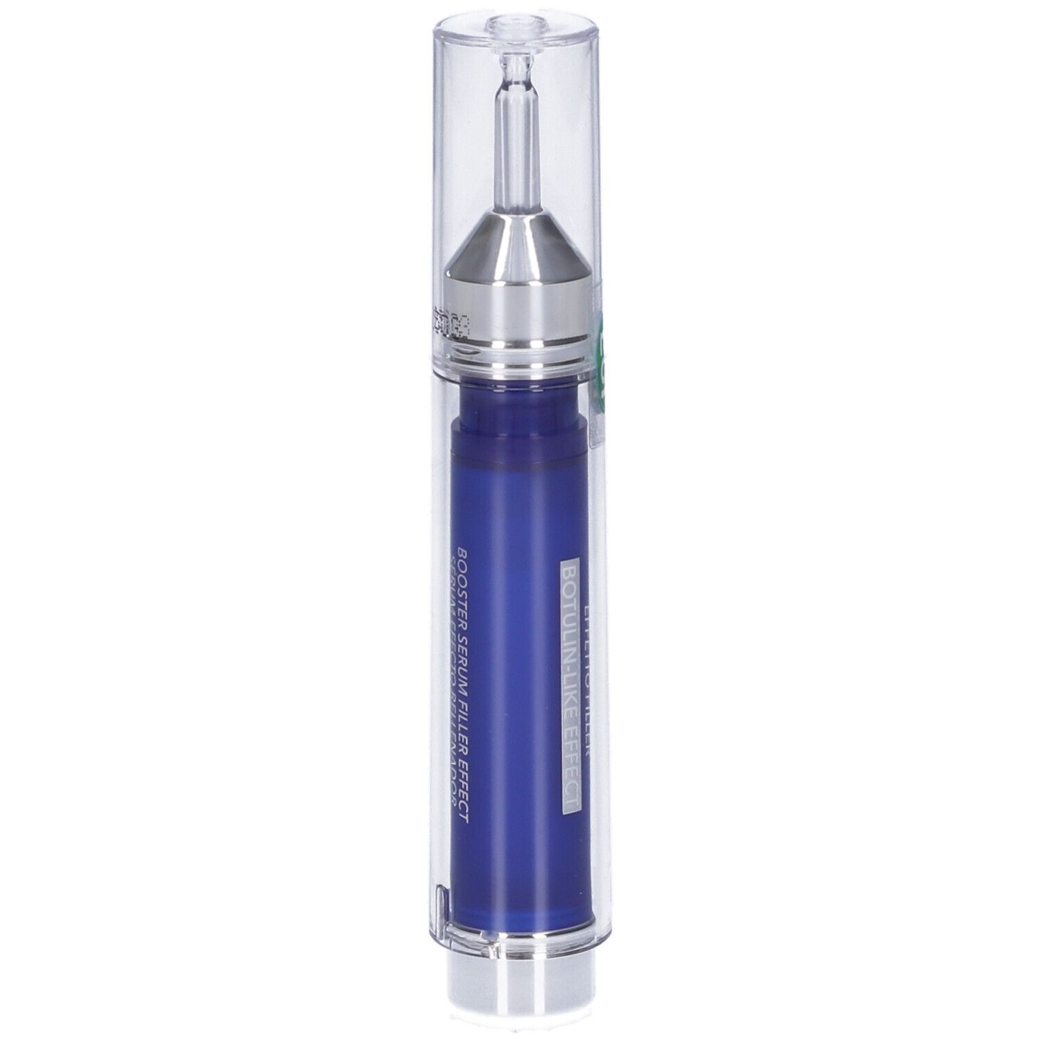 Siero blu in custodia trasparente. Con applicatore argentato. Testo: Booster Serum Filler Effect.