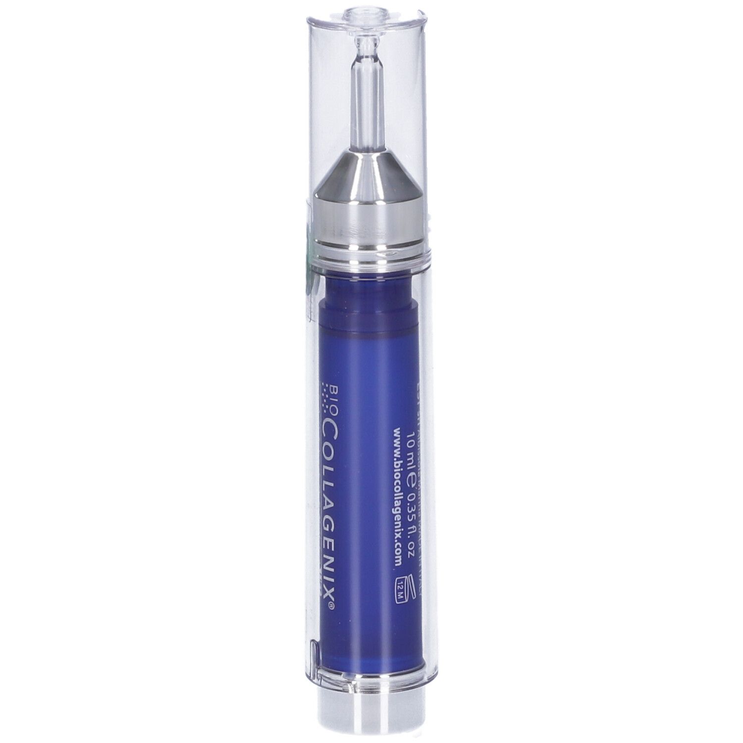 Siero blu in custodia trasparente. Con applicatore argentato. Testo: BIO COLLAGENIX.