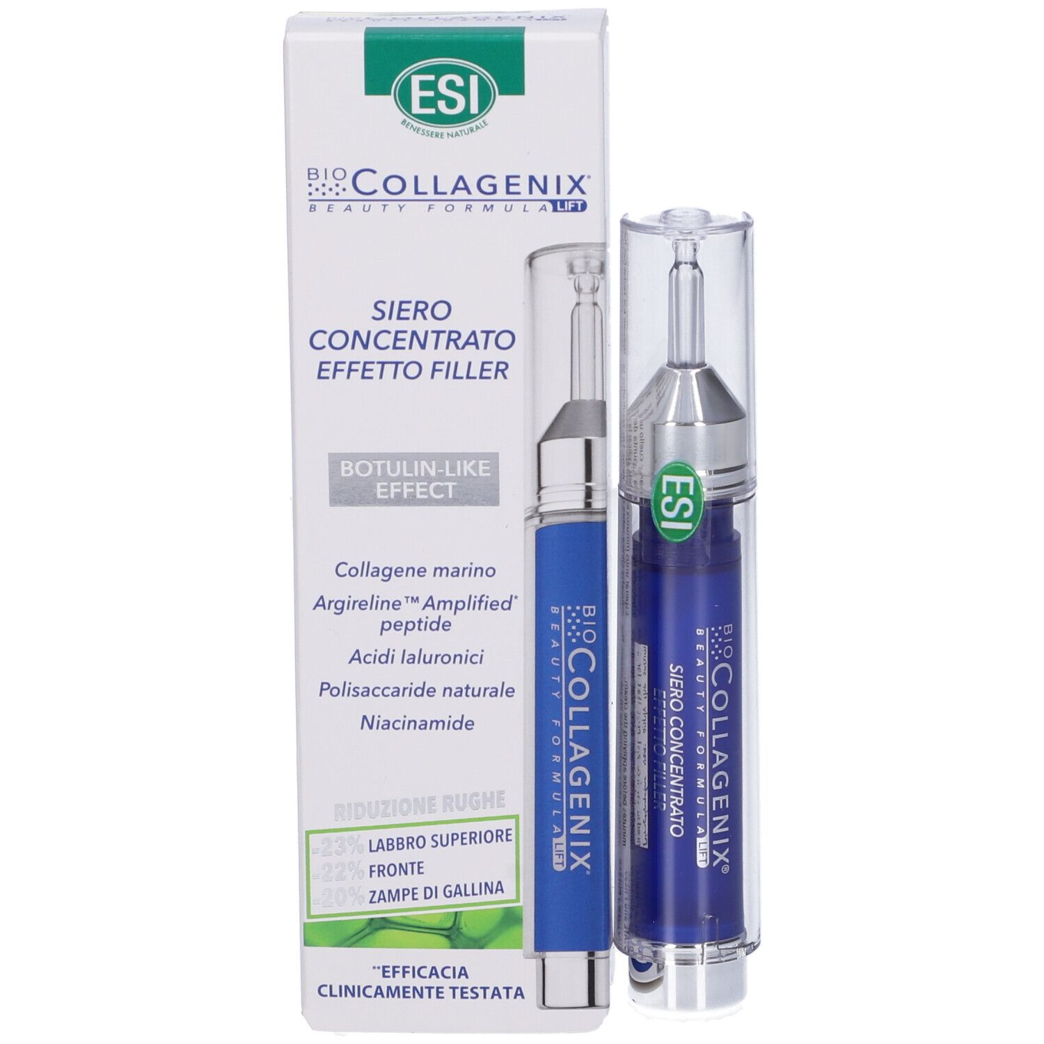 Confezione del prodotto con siero e scatola. Siero blu, con applicatore argentato. Scatola con testo e logo.