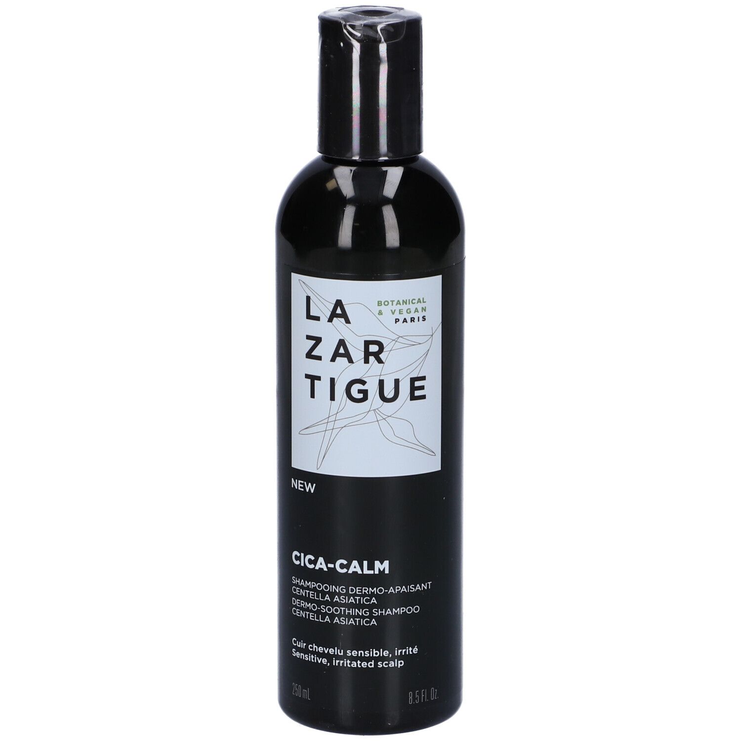 Flacone nero con tappo nero. Scritta: LAZARTIGUE, CICA-CALM. Per cuoio capelluto sensibile. 250ml.