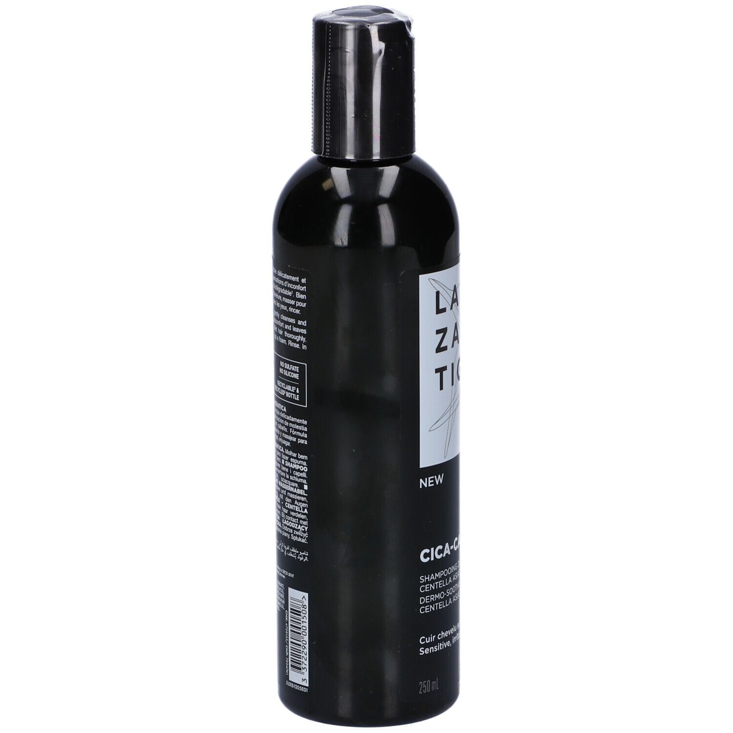 Flacone nero con tappo nero. Testo sull'etichetta. Retro con informazioni e ingredienti.