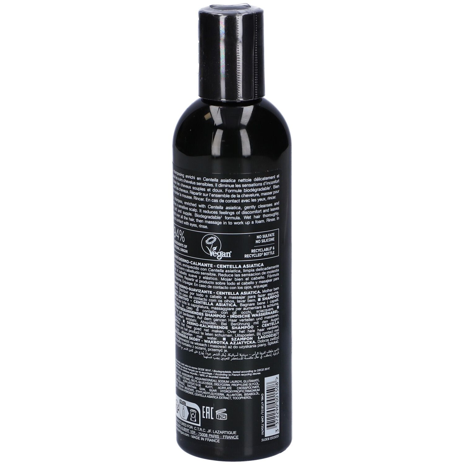 Flacone nero con tappo nero. Retro con informazioni, ingredienti e certificazioni.