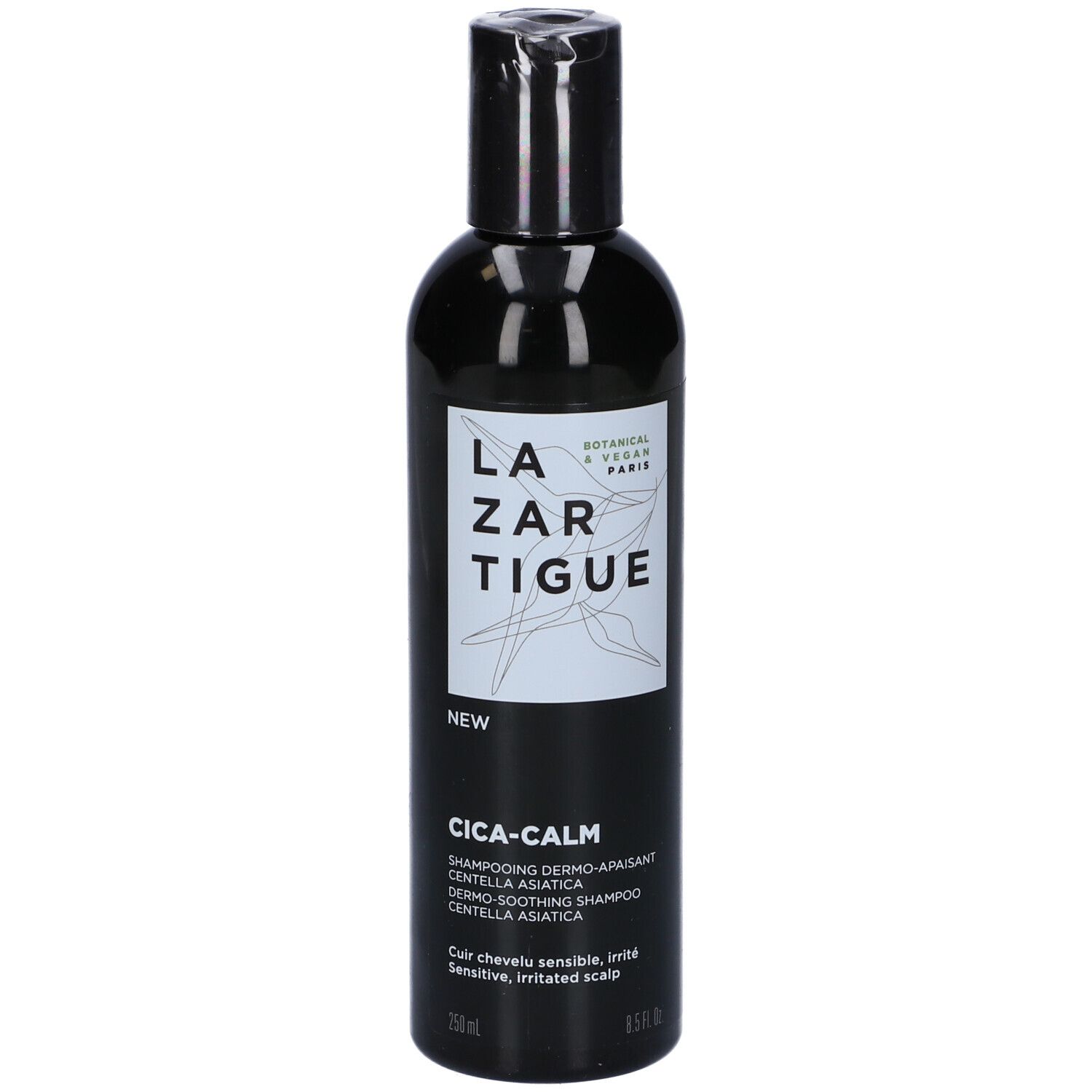 Flacone nero con tappo nero. Scritta: LAZARTIGUE, CICA-CALM. Per cuoio capelluto sensibile. 250ml.