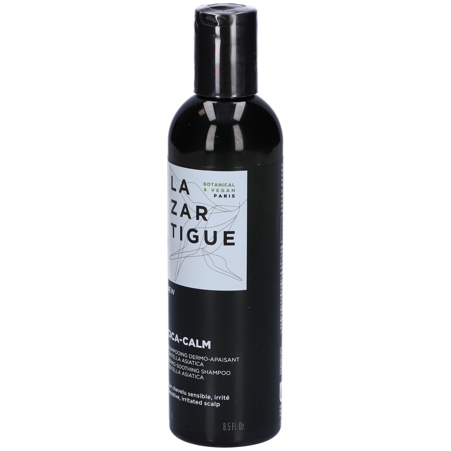 Flacone nero con tappo nero. Scritta: LAZARTIGUE, CICA-CALM. Per cuoio capelluto sensibile. 8.5 fl oz.