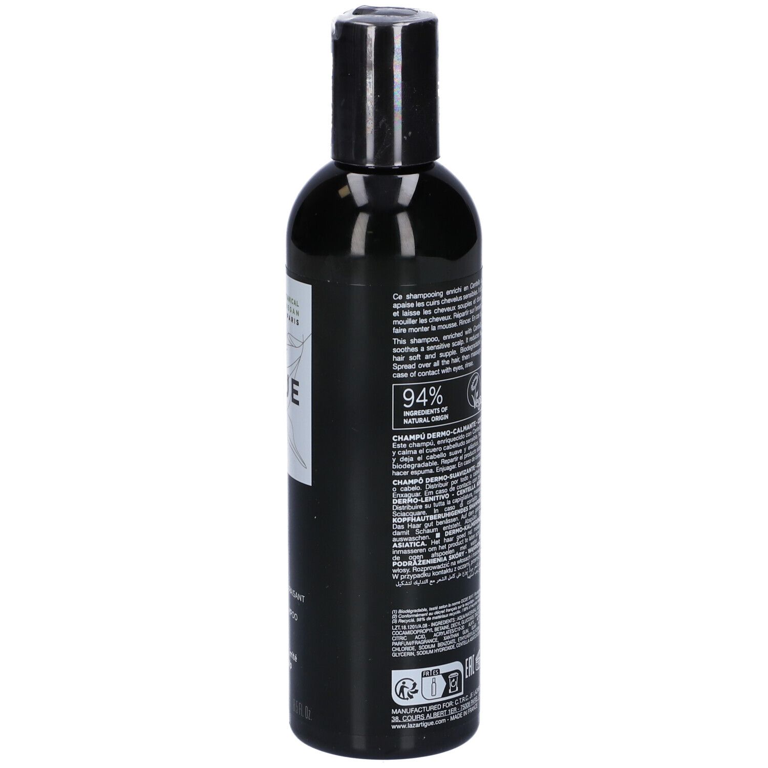 Flacone nero con tappo nero. Retro con informazioni e certificazioni. 94% origine naturale.