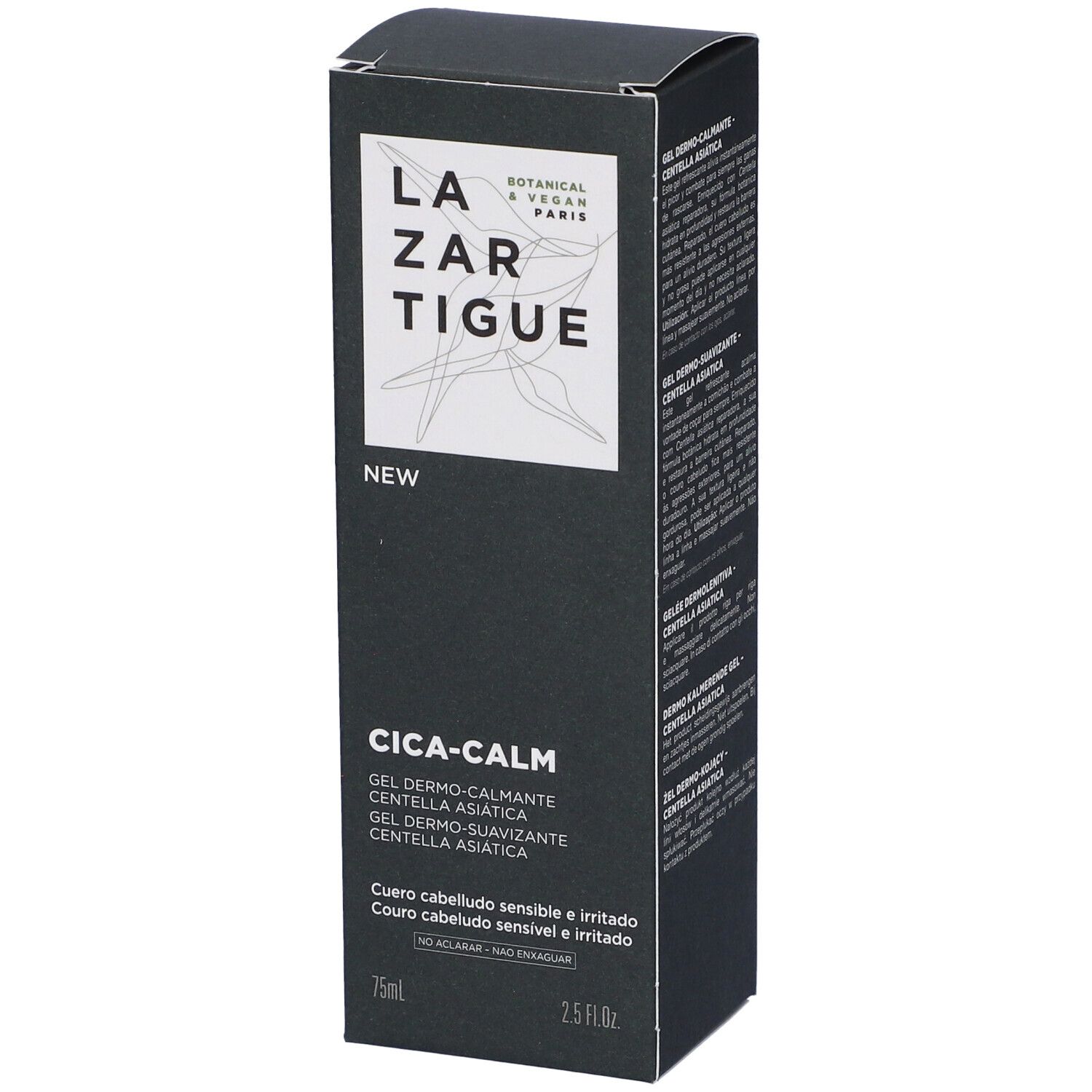 Confezione nera con logo e testo bianchi. Contiene "Cica-Calm" e "75ml".