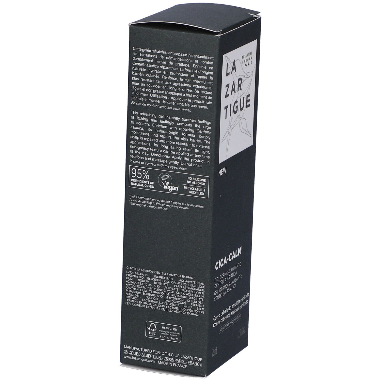Confezione nera con testo e loghi. Contiene "95% Natural Origin" e "Vegan".