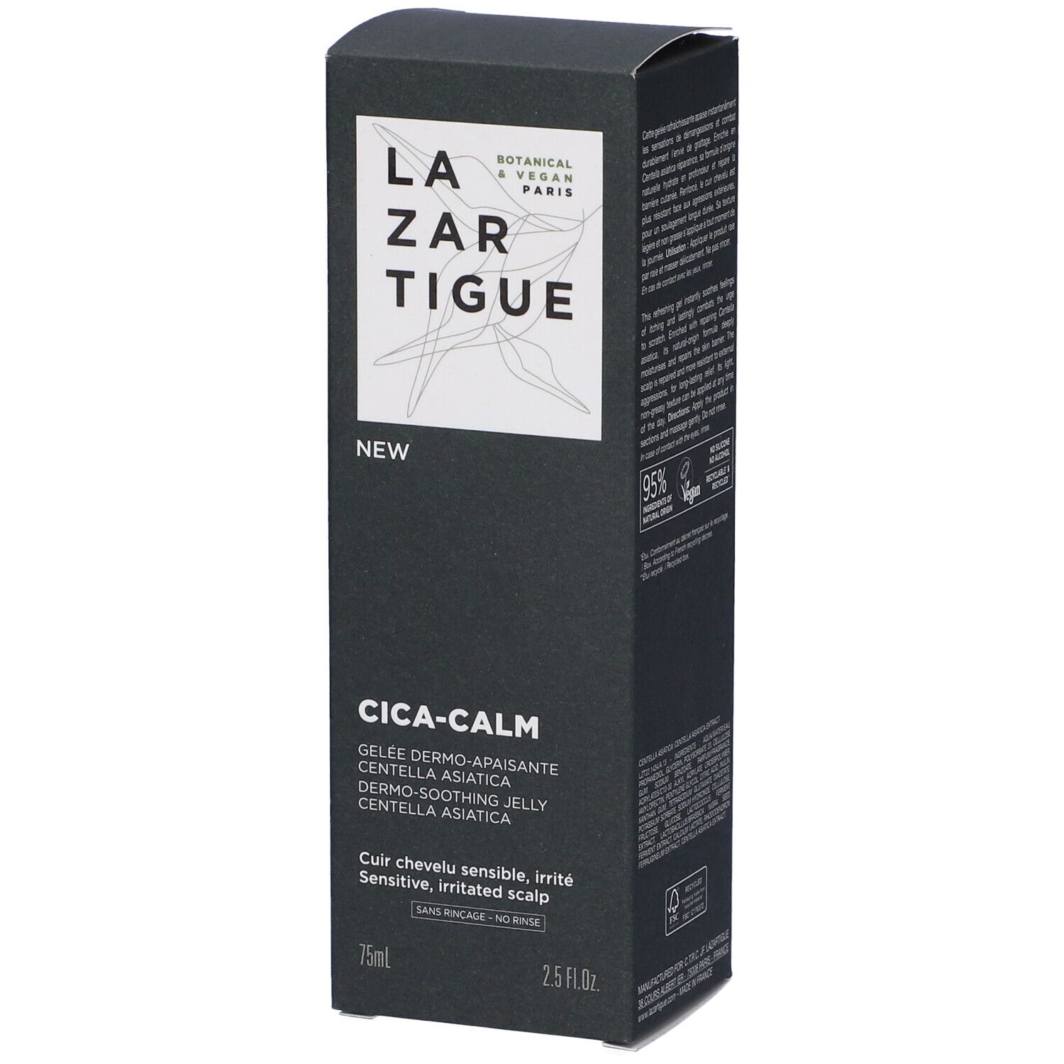 Confezione nera con logo e testo bianchi. Contiene "Cica-Calm" e "75ml".