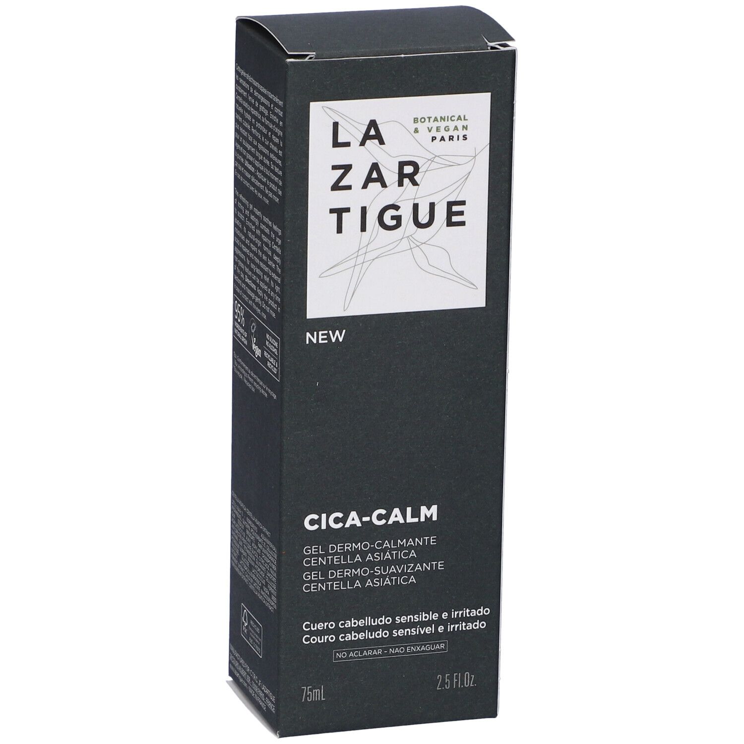 Confezione nera con logo e testo bianchi. Contiene "Cica-Calm" e "75ml".