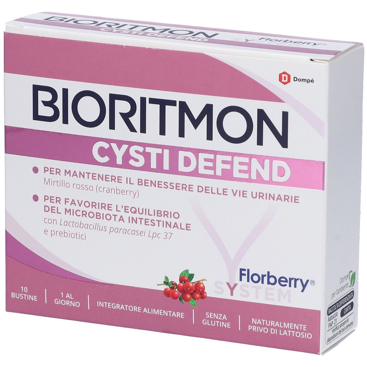 Scatola Bioritmon Cysti Defend. Rosa e bianca, con nome del prodotto e dettagli. Illustrazione di mirtilli rossi.